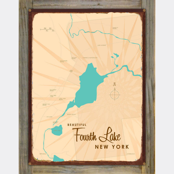 Fourth Lake New York (Warren County), Wood-Mounted Rustic Metal Sign Map Art