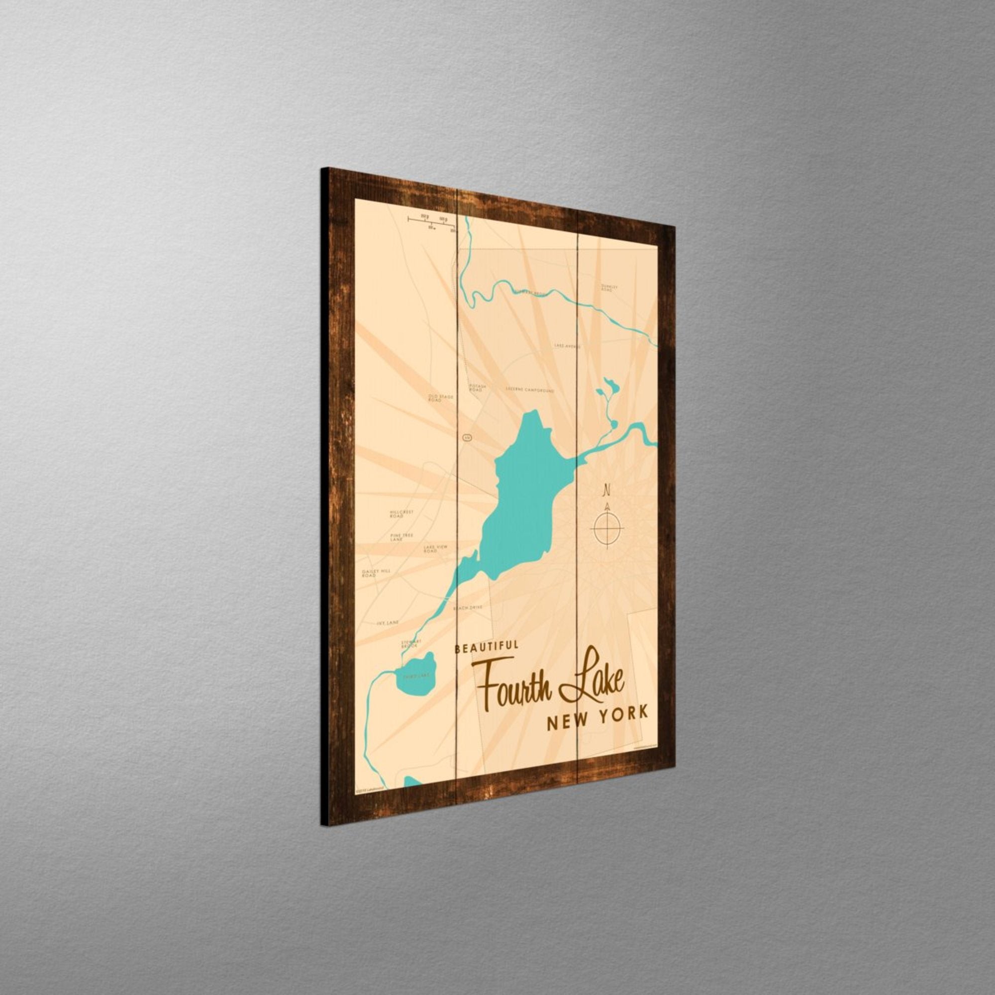 Fourth Lake NY (Warren County), Rustic Wood Sign Map Art