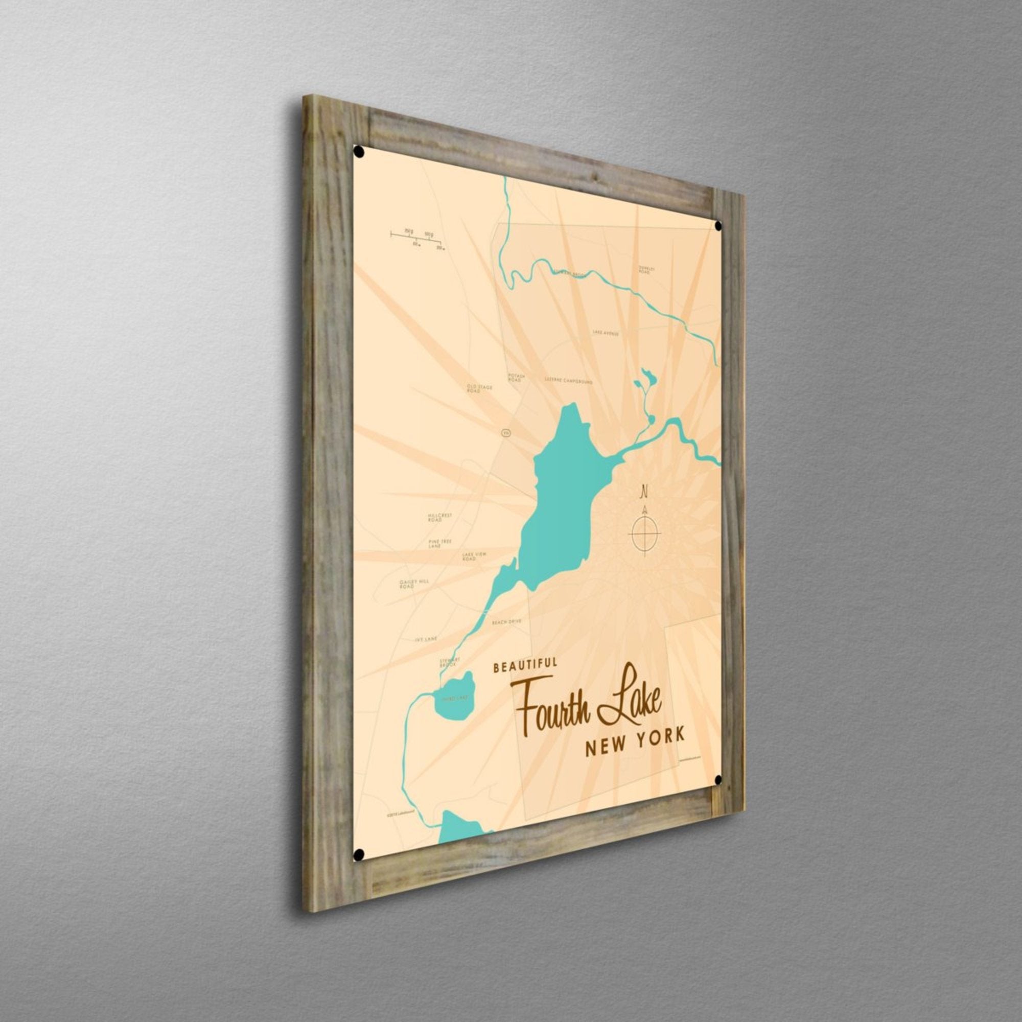 Fourth Lake New York (Warren County), Wood-Mounted Metal Sign Map Art