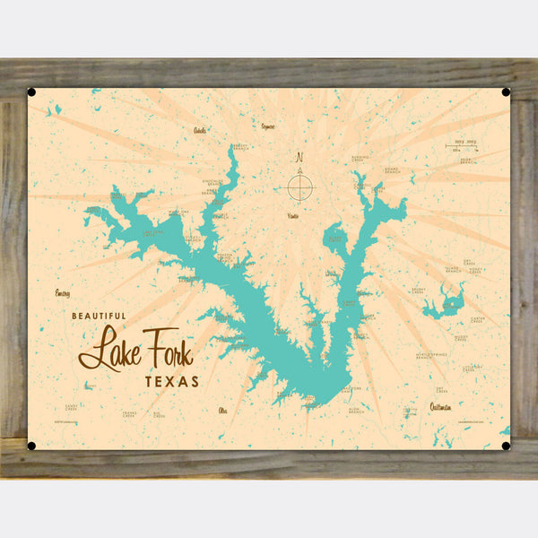 Lake Fork Texas, Wood-Mounted Metal Sign Map Art