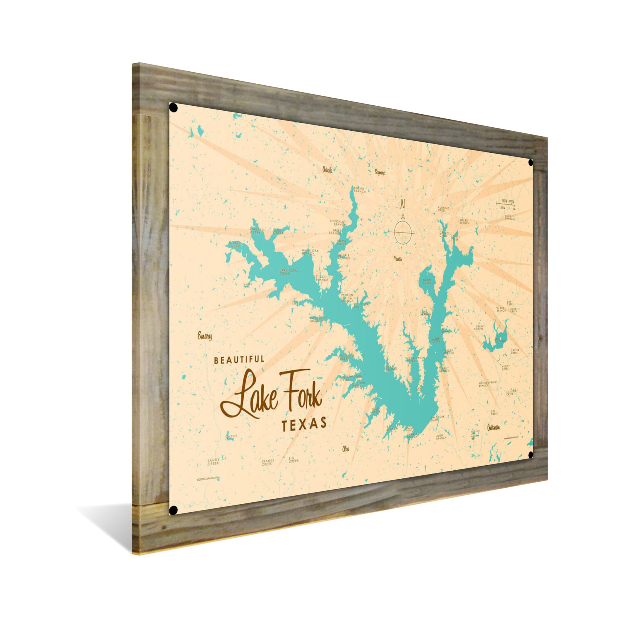Lake Fork Texas, Wood-Mounted Metal Sign Map Art