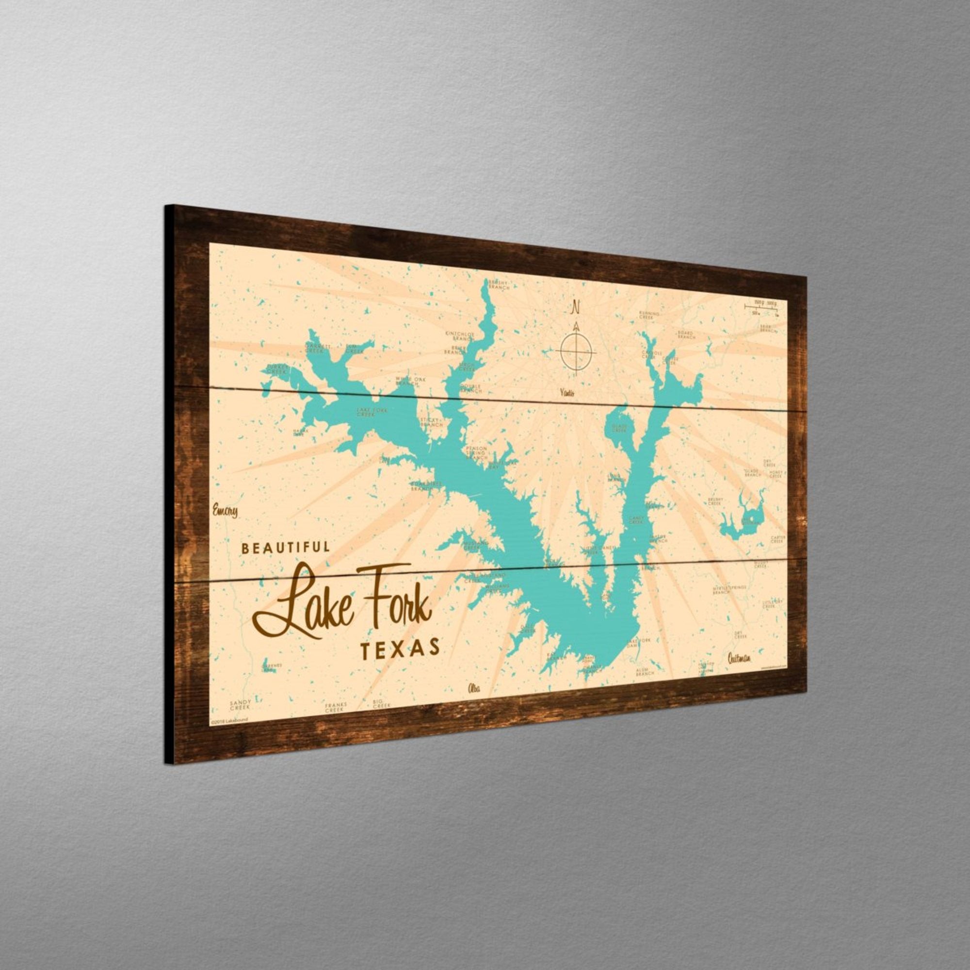 Lake Fork Texas, Rustic Wood Sign Map Art