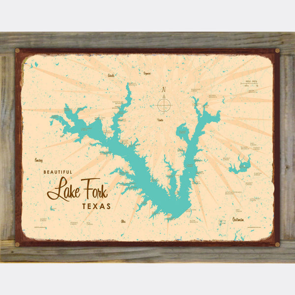 Lake Fork Texas, Wood-Mounted Rustic Metal Sign Map Art