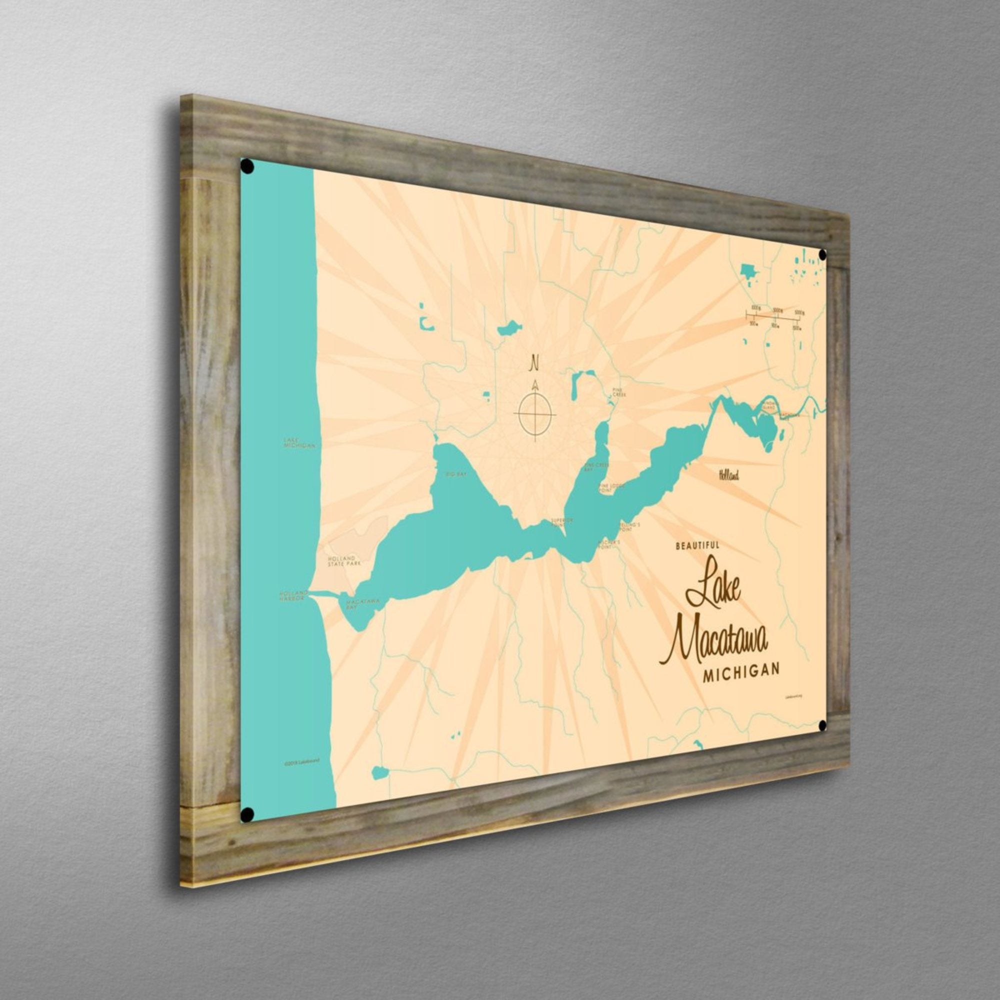 Lake Macatawa Michigan, Wood-Mounted Metal Sign Map Art