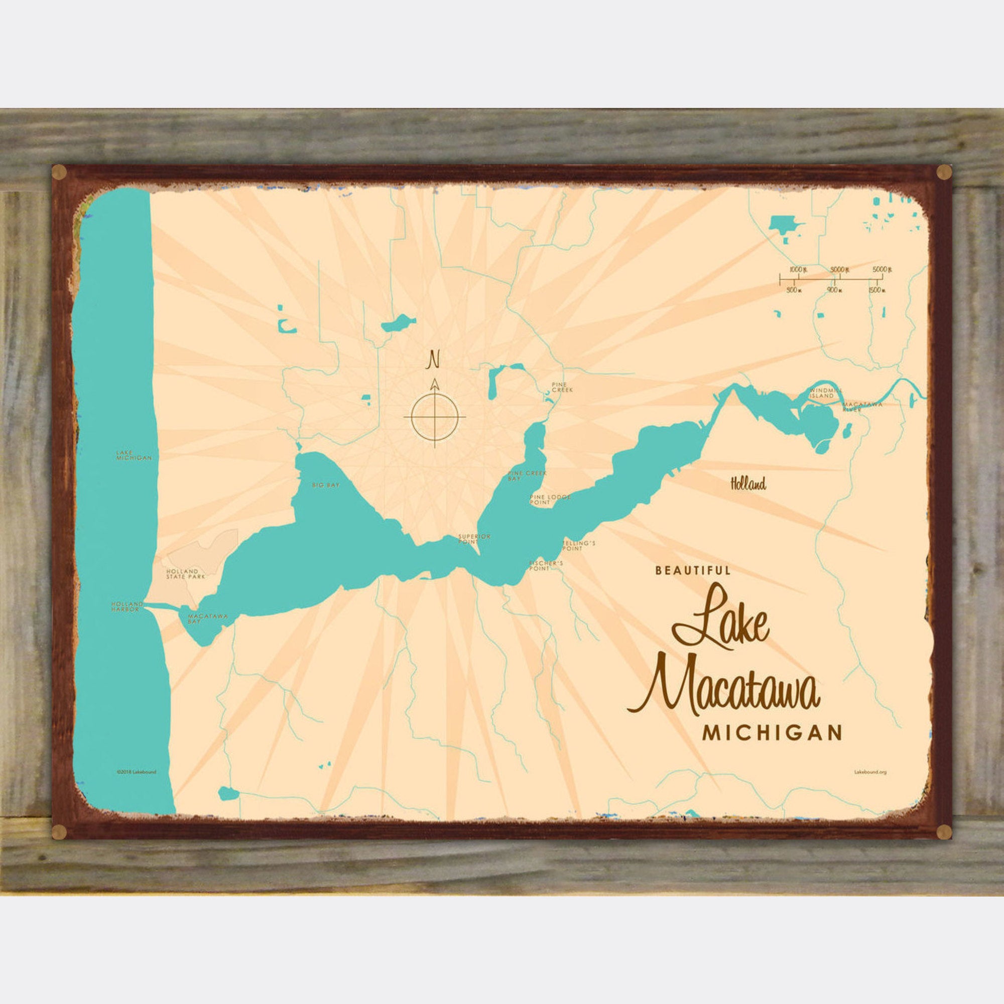Lake Macatawa Michigan, Wood-Mounted Rustic Metal Sign Map Art
