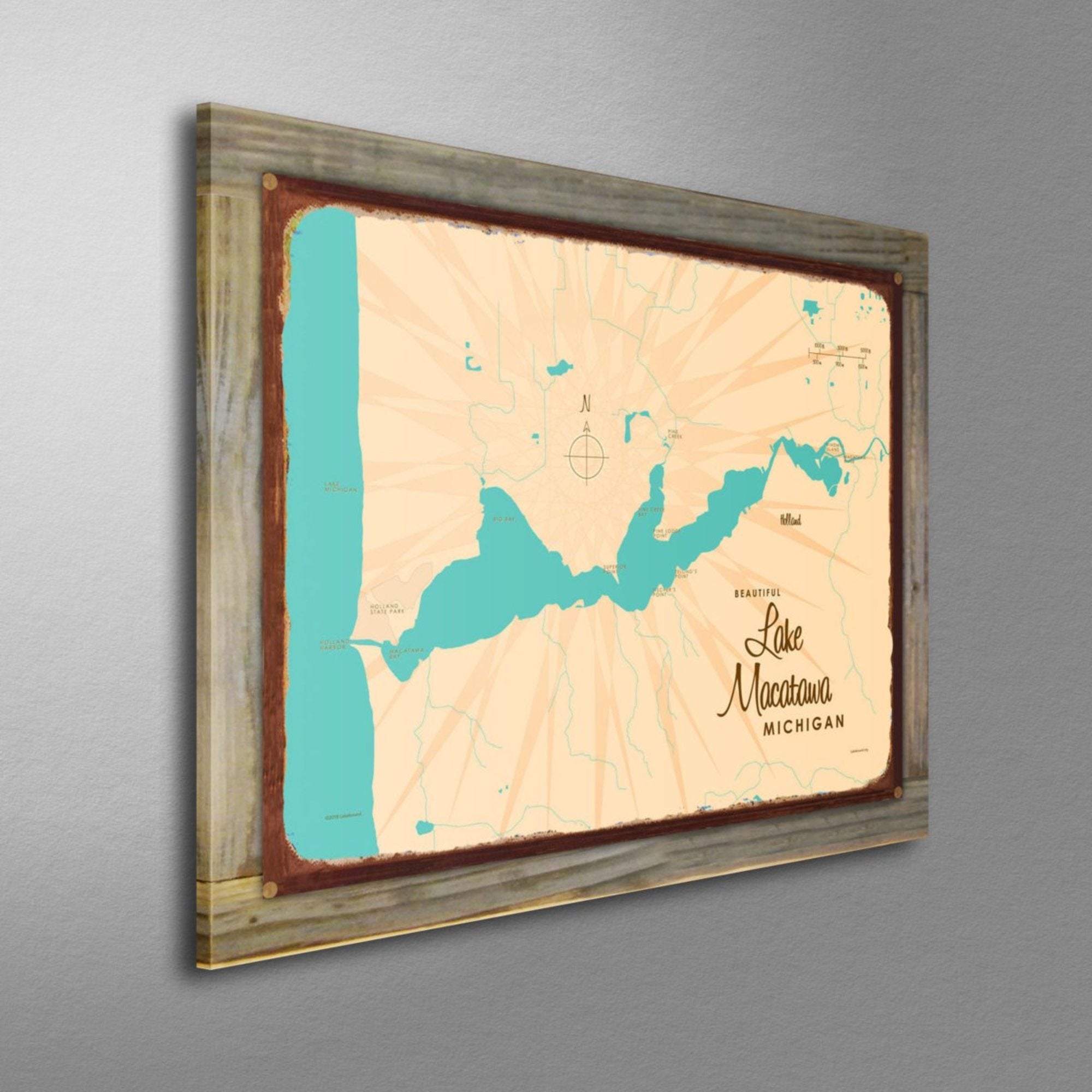 Lake Macatawa Michigan, Wood-Mounted Rustic Metal Sign Map Art
