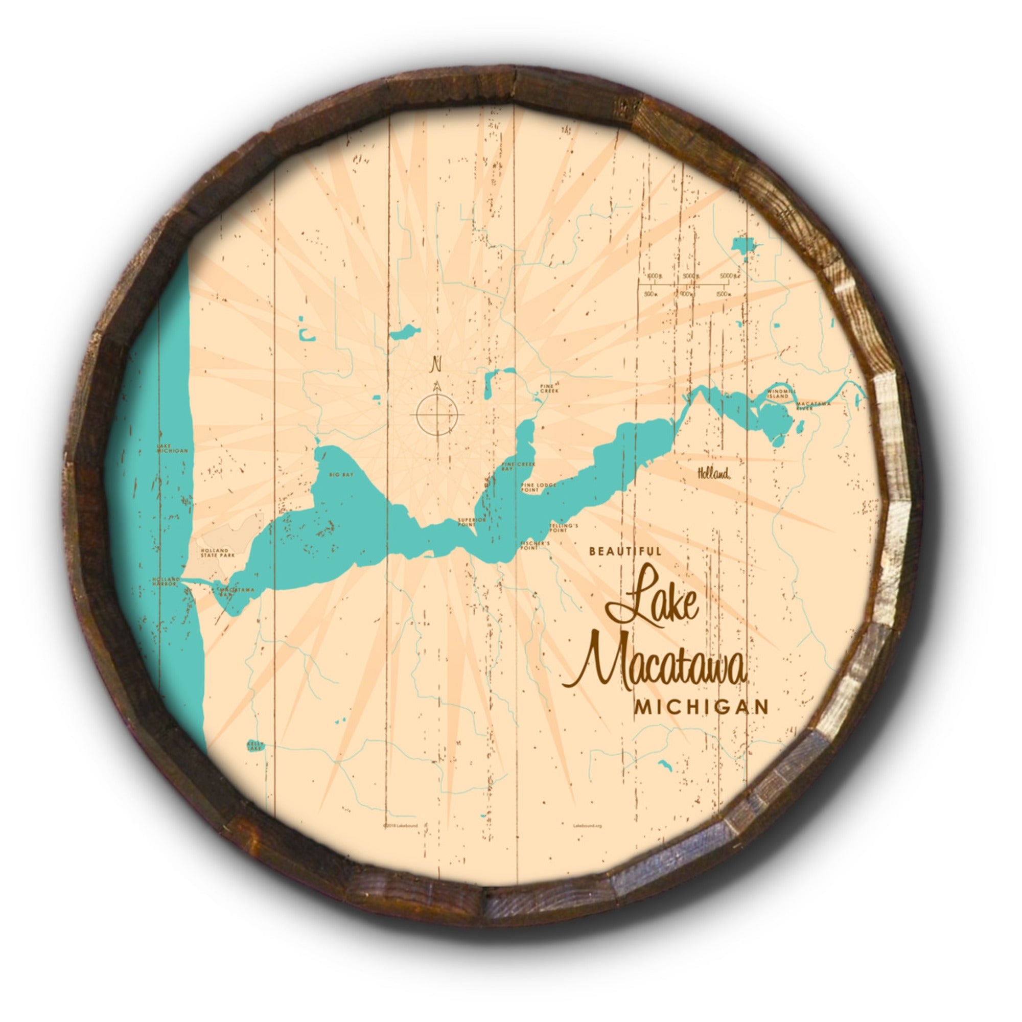 Lake Macatawa Michigan, Rustic Barrel End Map Art