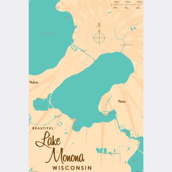 Lake Monona Wisconsin, Metal Sign Map Art