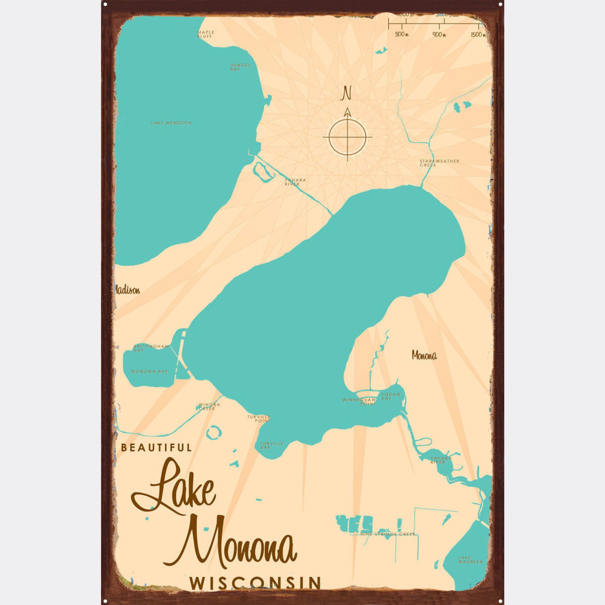 Lake Monona Wisconsin, Rustic Metal Sign Map Art