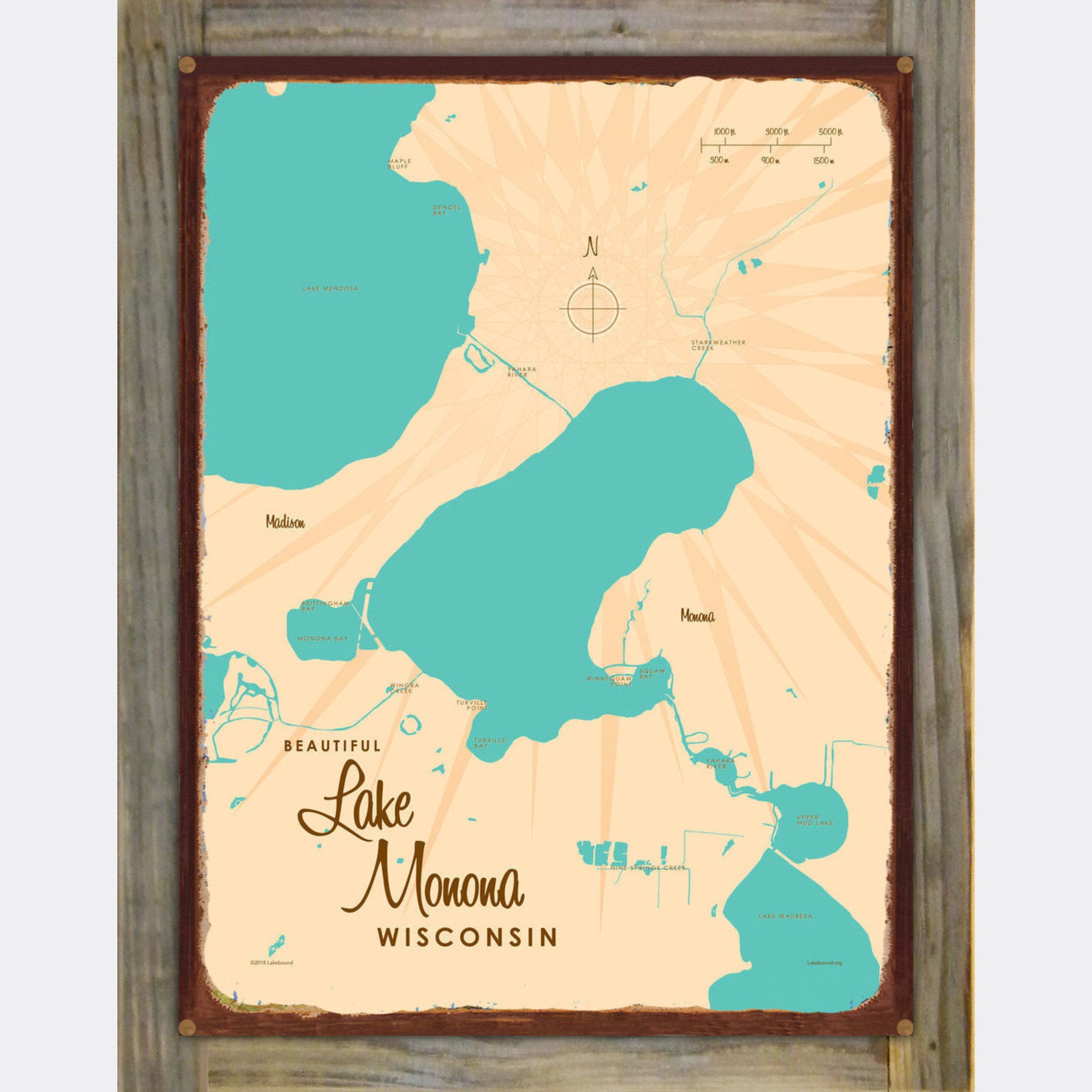 Lake Monona Wisconsin, Wood-Mounted Rustic Metal Sign Map Art