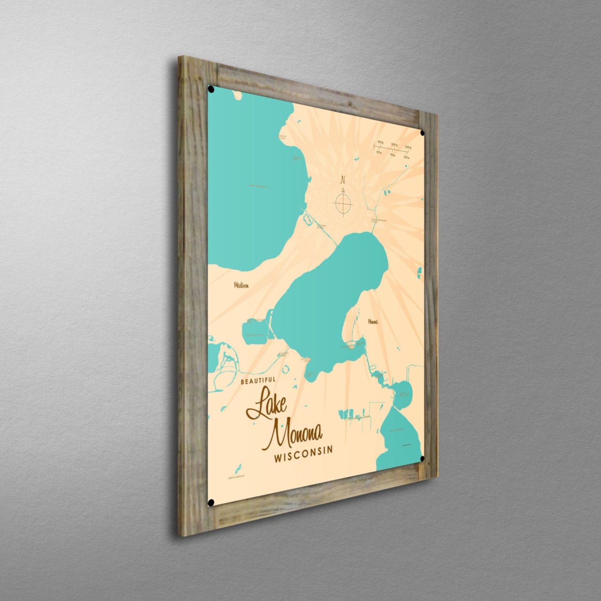 Lake Monona Wisconsin, Wood-Mounted Metal Sign Map Art