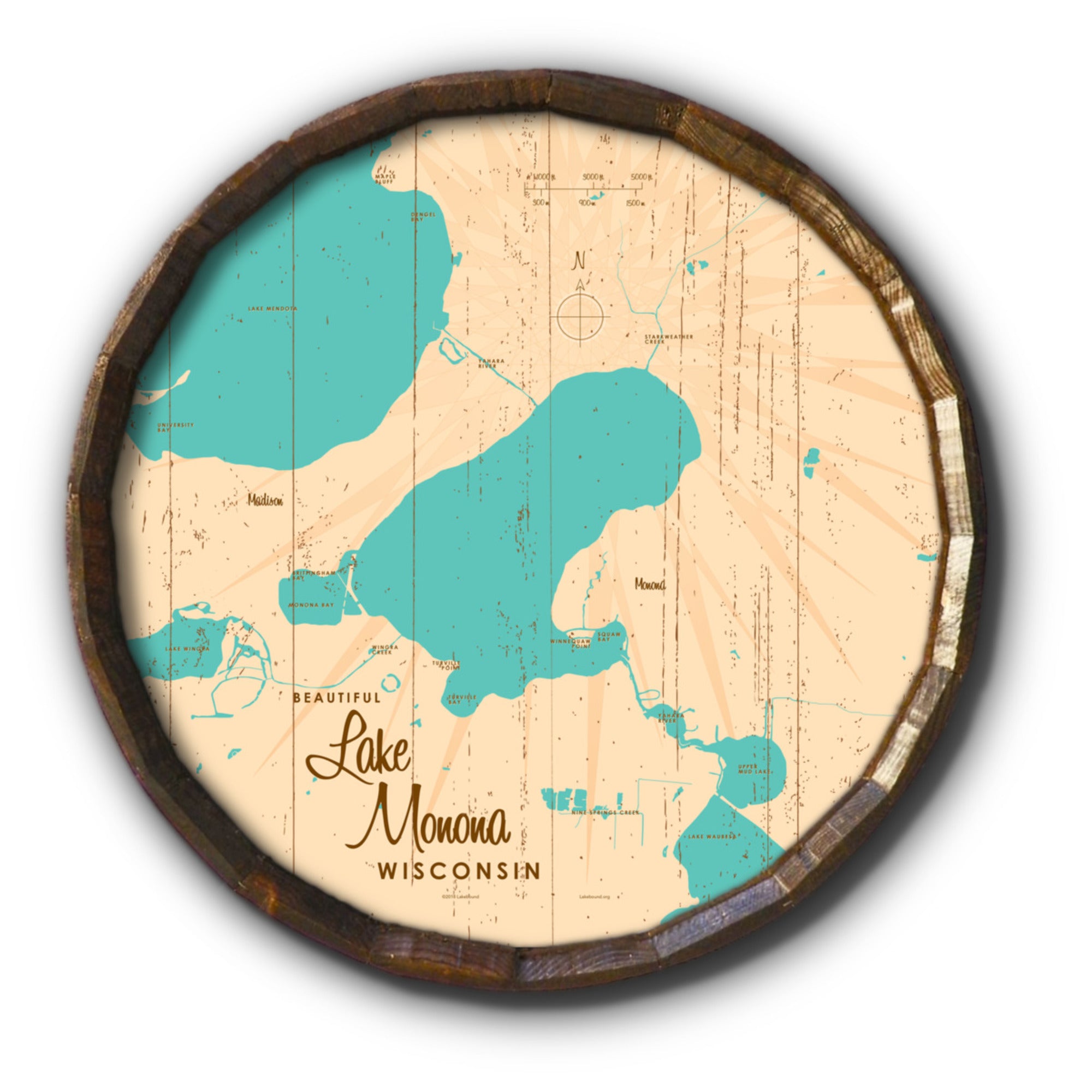 Lake Monona Wisconsin, Rustic Barrel End Map Art