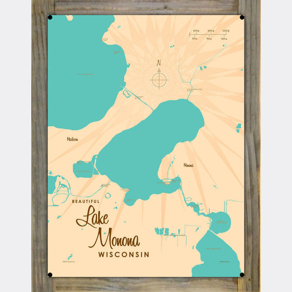 Lake Monona Wisconsin, Wood-Mounted Metal Sign Map Art