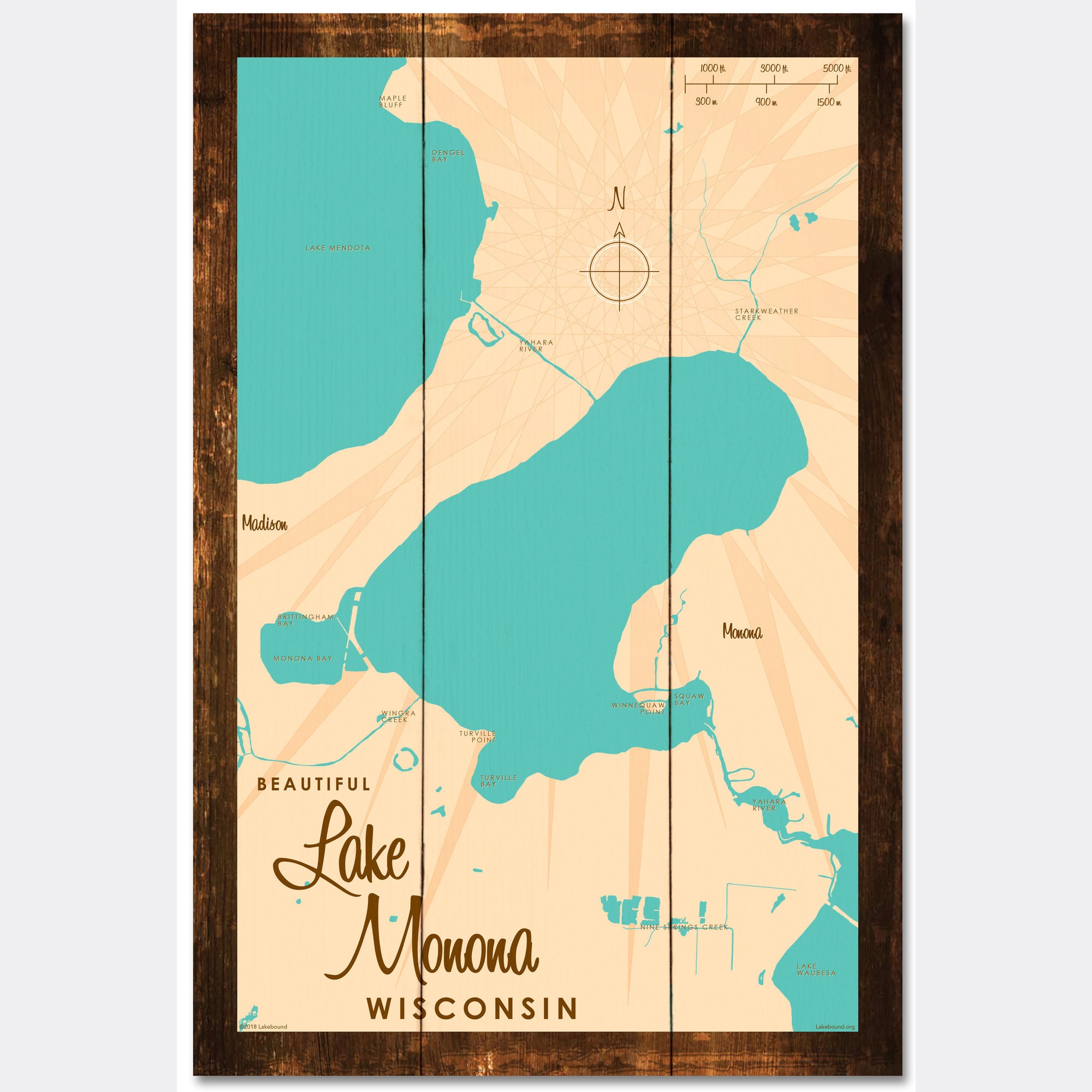Lake Monona Wisconsin, Rustic Wood Sign Map Art