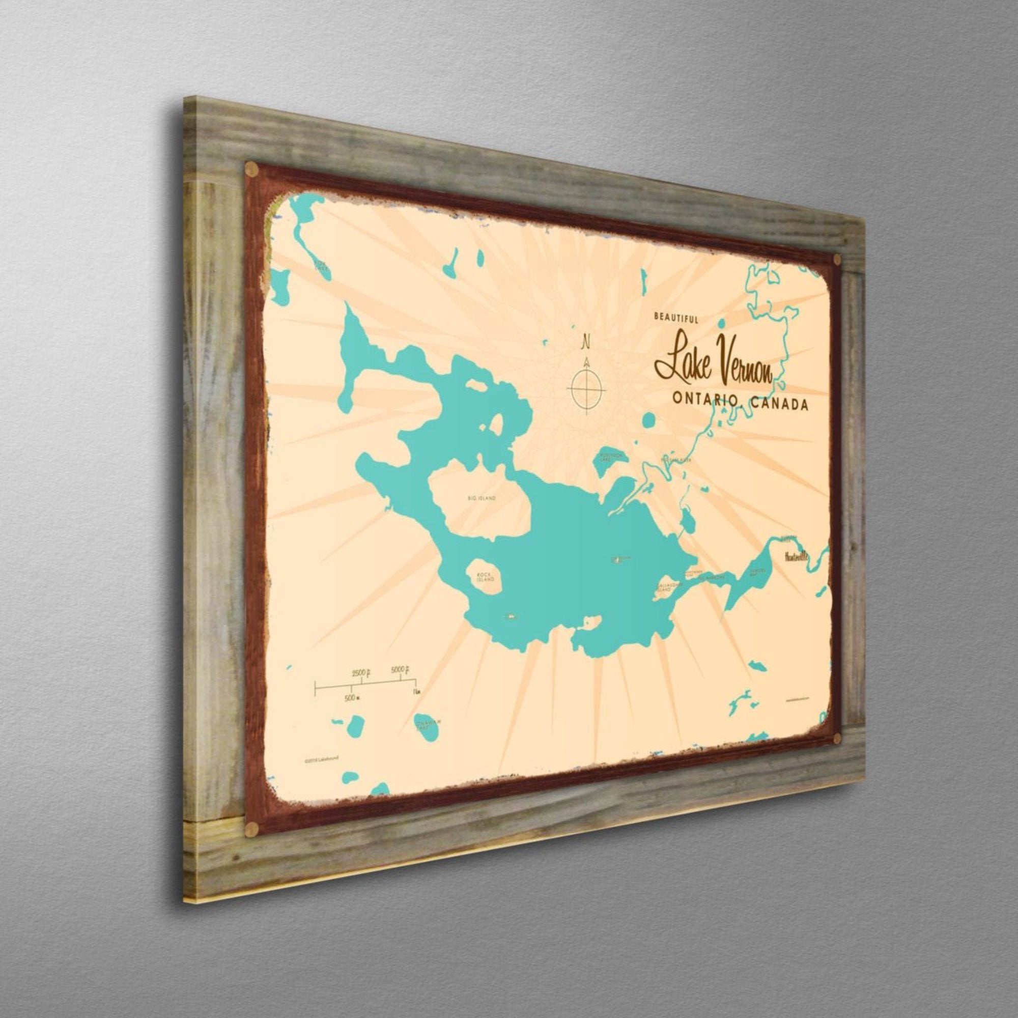 Lake Vernon Ontario Canada, Wood-Mounted Rustic Metal Sign Map Art