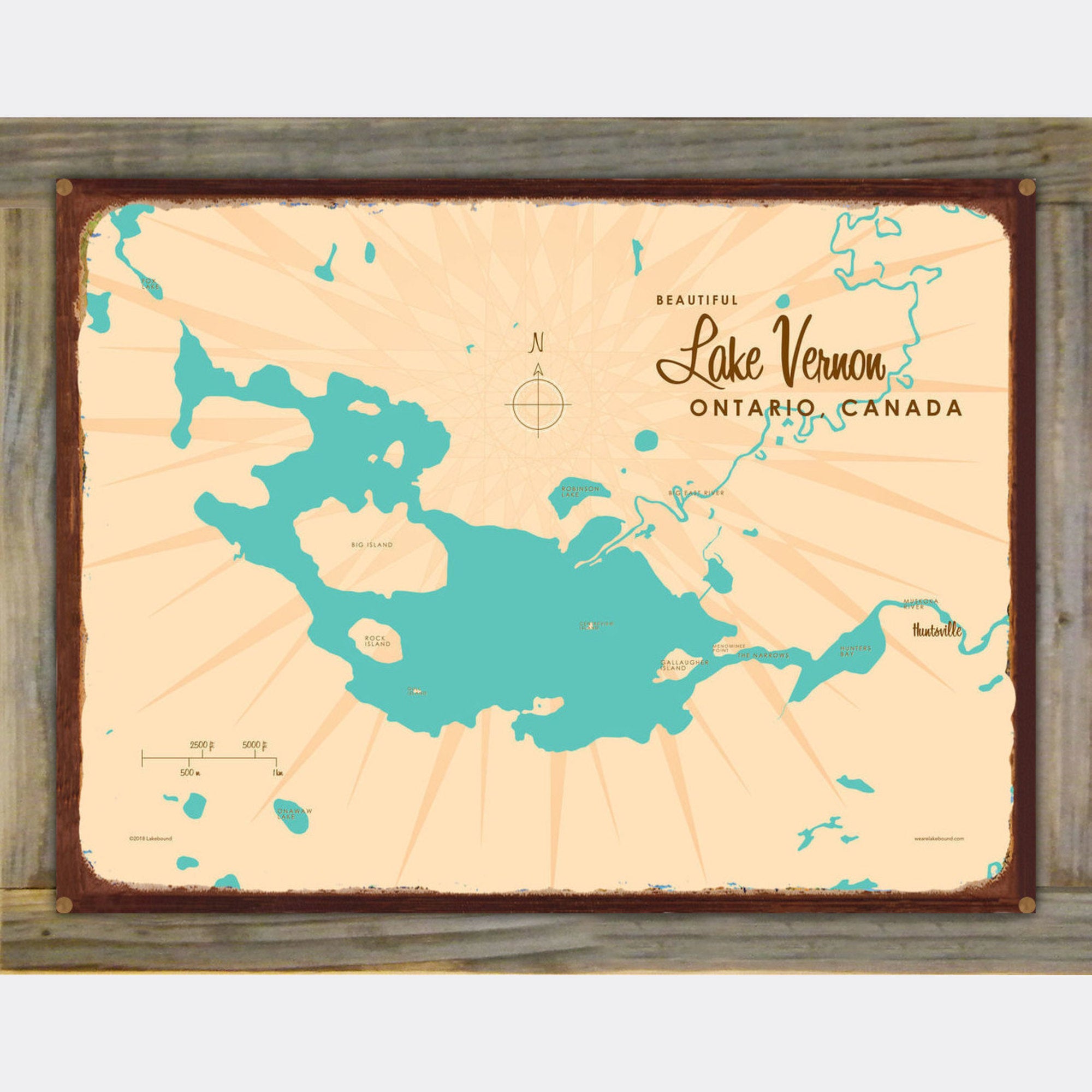 Lake Vernon Ontario Canada, Wood-Mounted Rustic Metal Sign Map Art