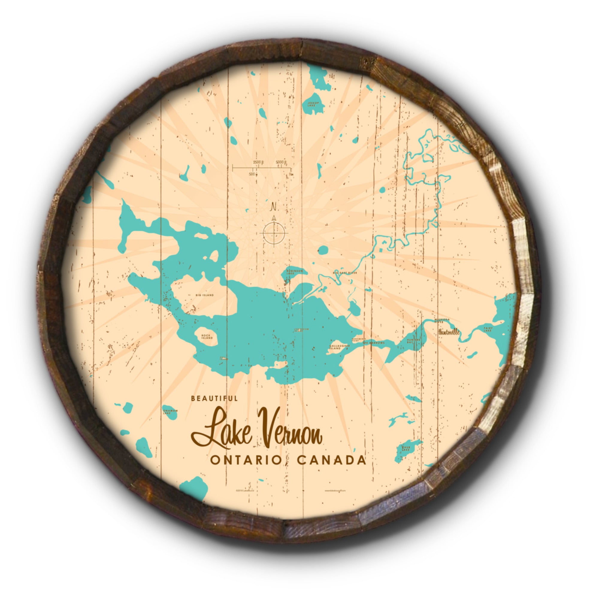 Lake Vernon Ontario, Rustic Barrel End Map Art
