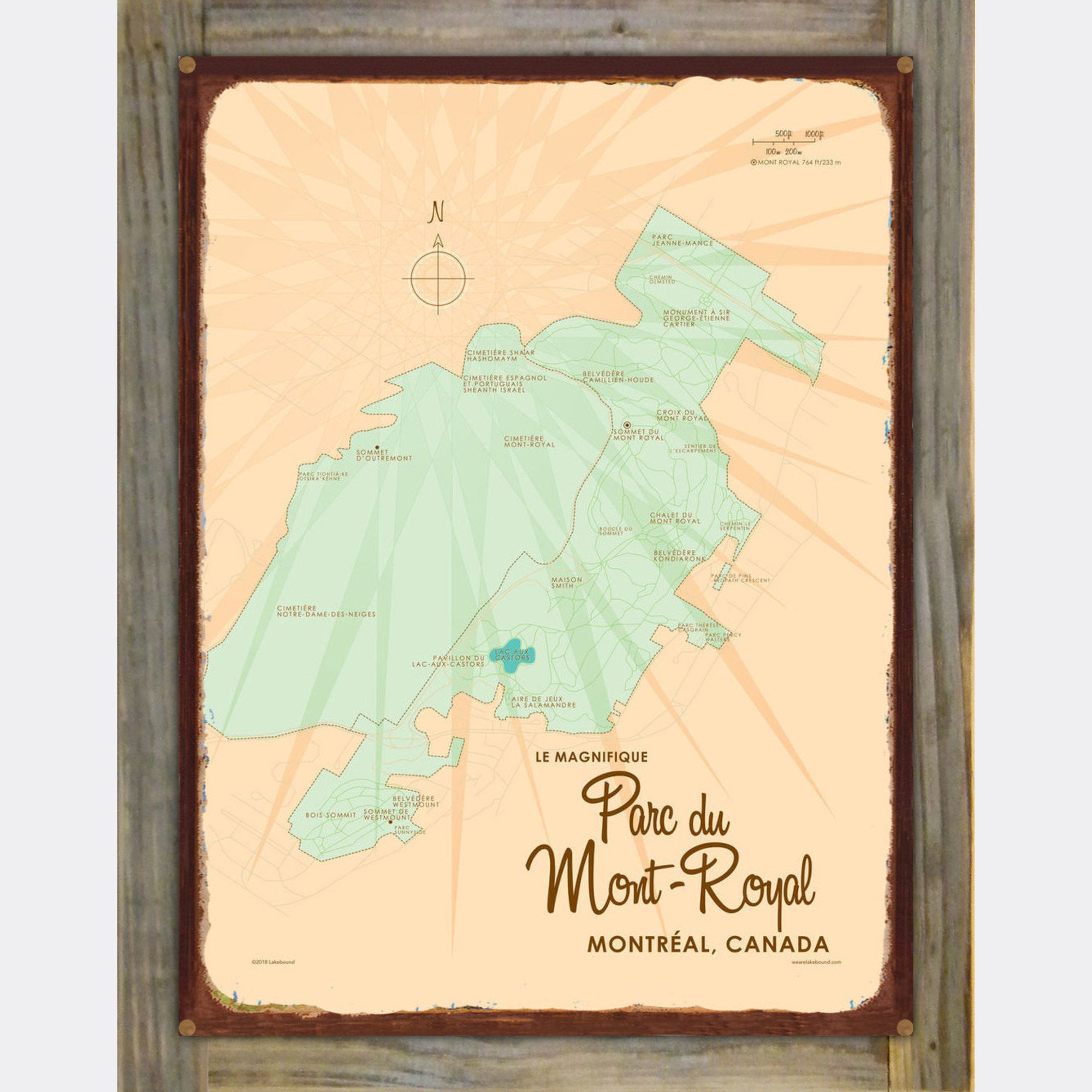 Parc du Mont-Royal Montreal Canada, Wood-Mounted Rustic Metal Sign Map Art