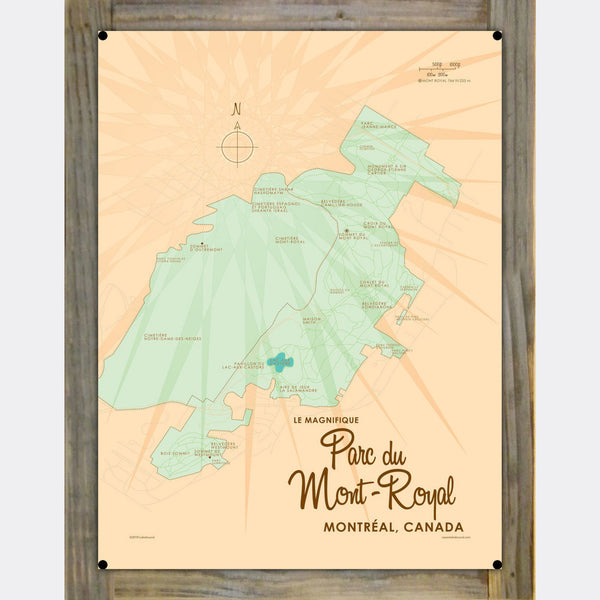Parc du Mont-Royal Montreal Canada, Wood-Mounted Metal Sign Map Art