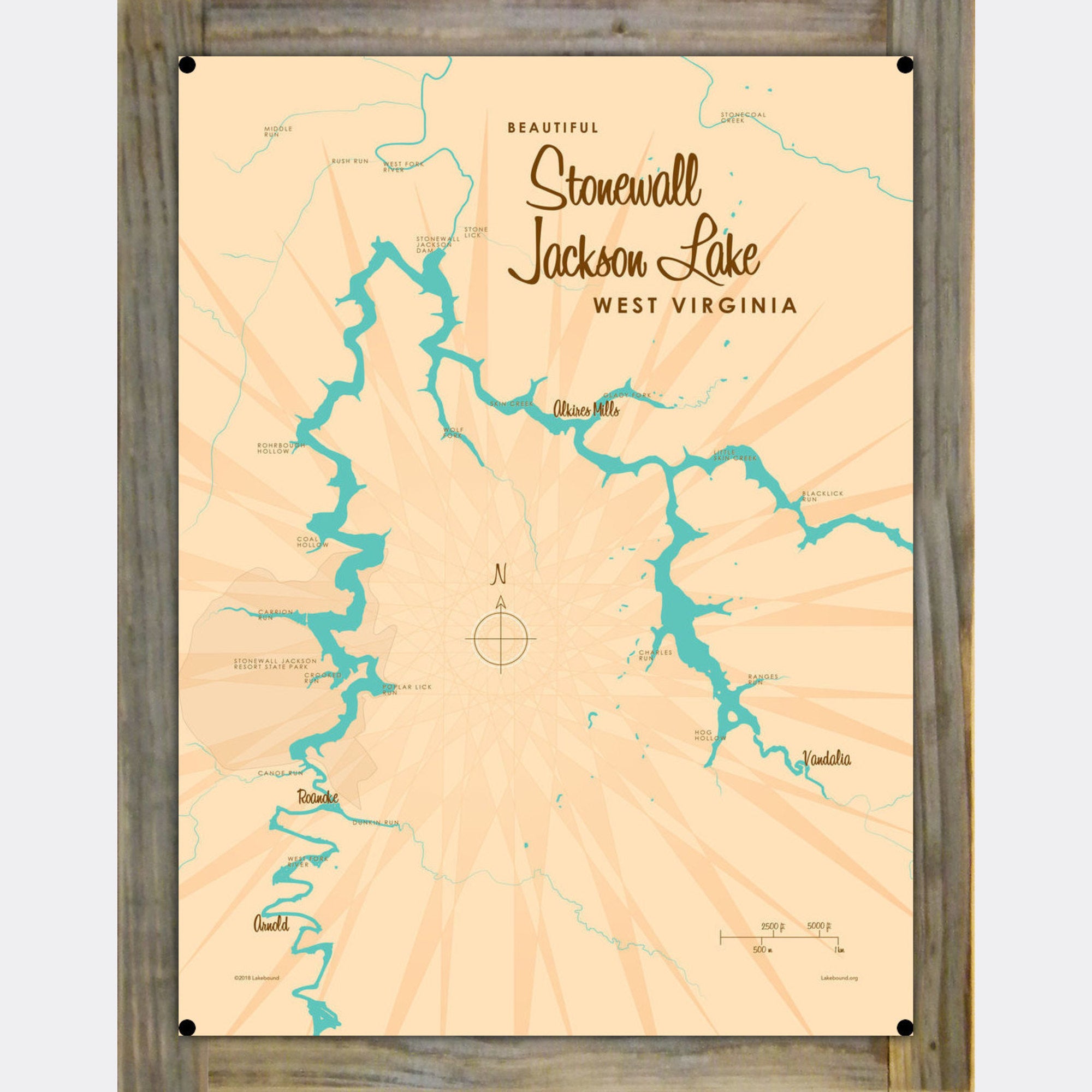 Stonewall Jackson Lake West Virginia, Wood-Mounted Metal Sign Map Art