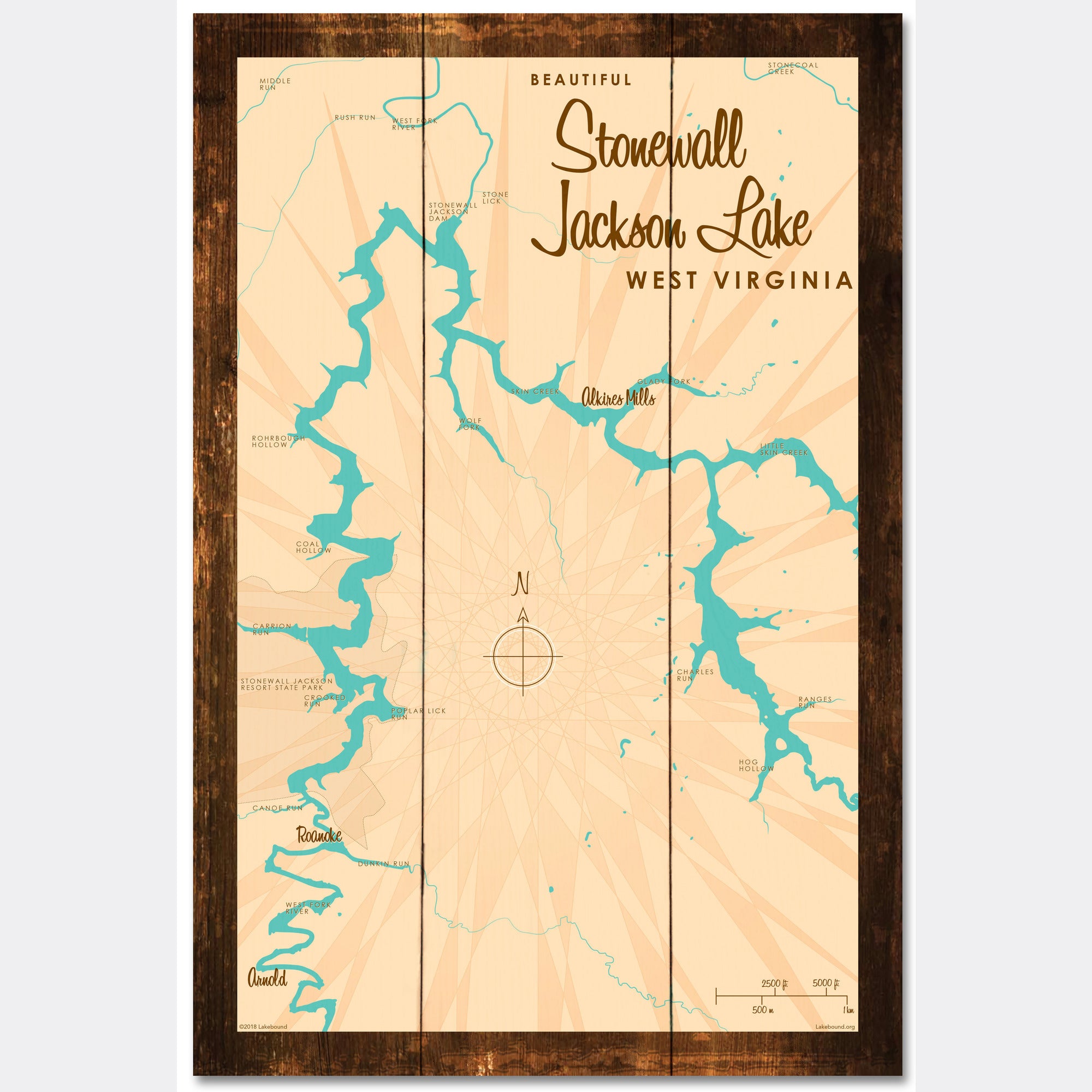 Stonewall Jackson Lake West Virginia, Rustic Wood Sign Map Art
