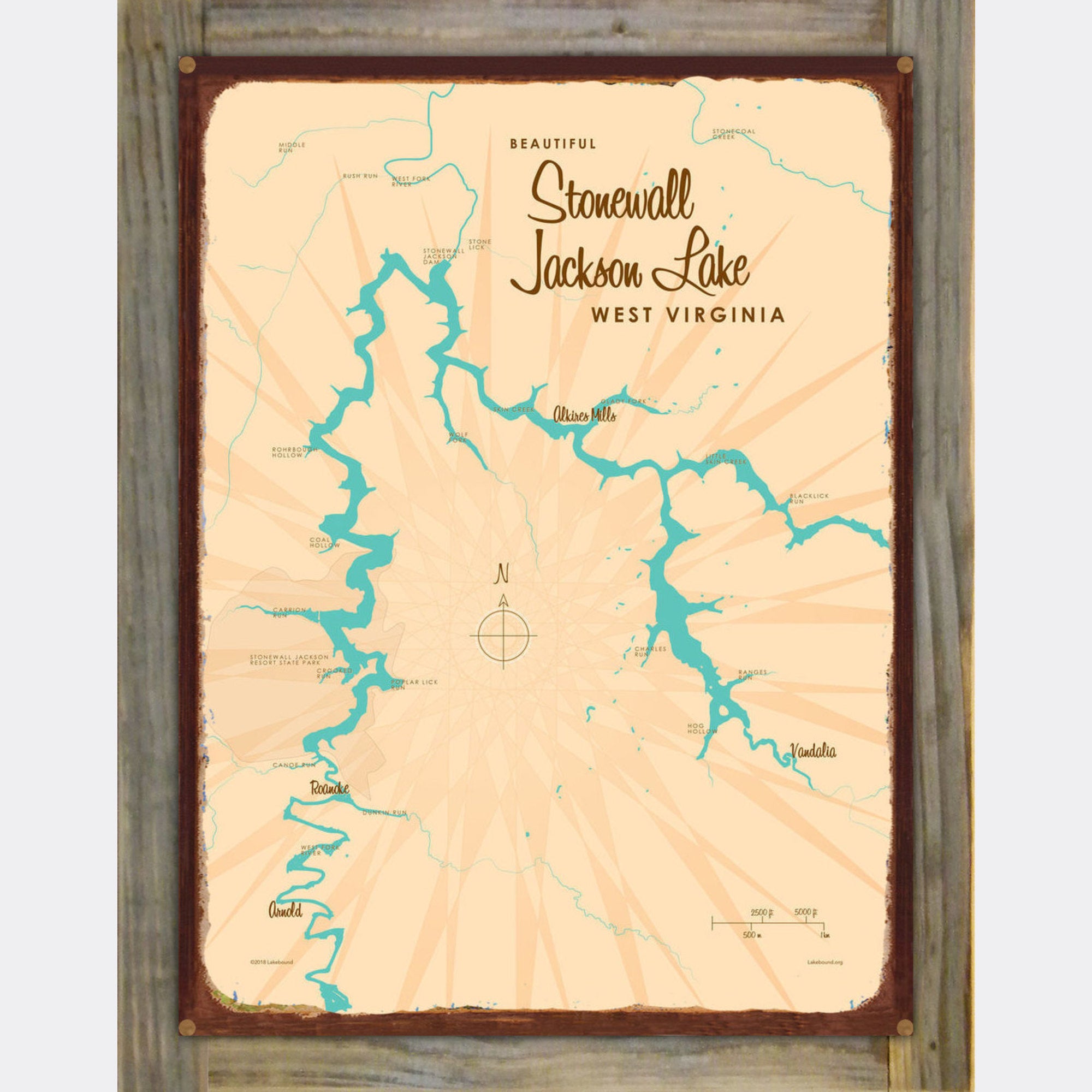 Stonewall Jackson Lake West Virginia, Wood-Mounted Rustic Metal Sign Map Art