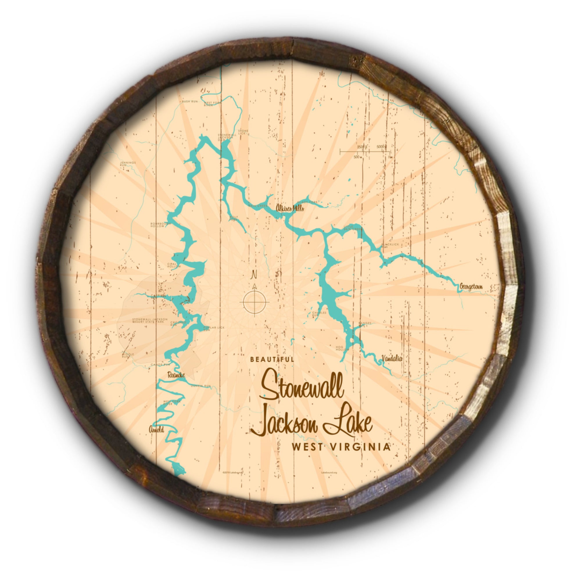 Stonewall Jackson Lake West Virginia, Rustic Barrel End Map Art
