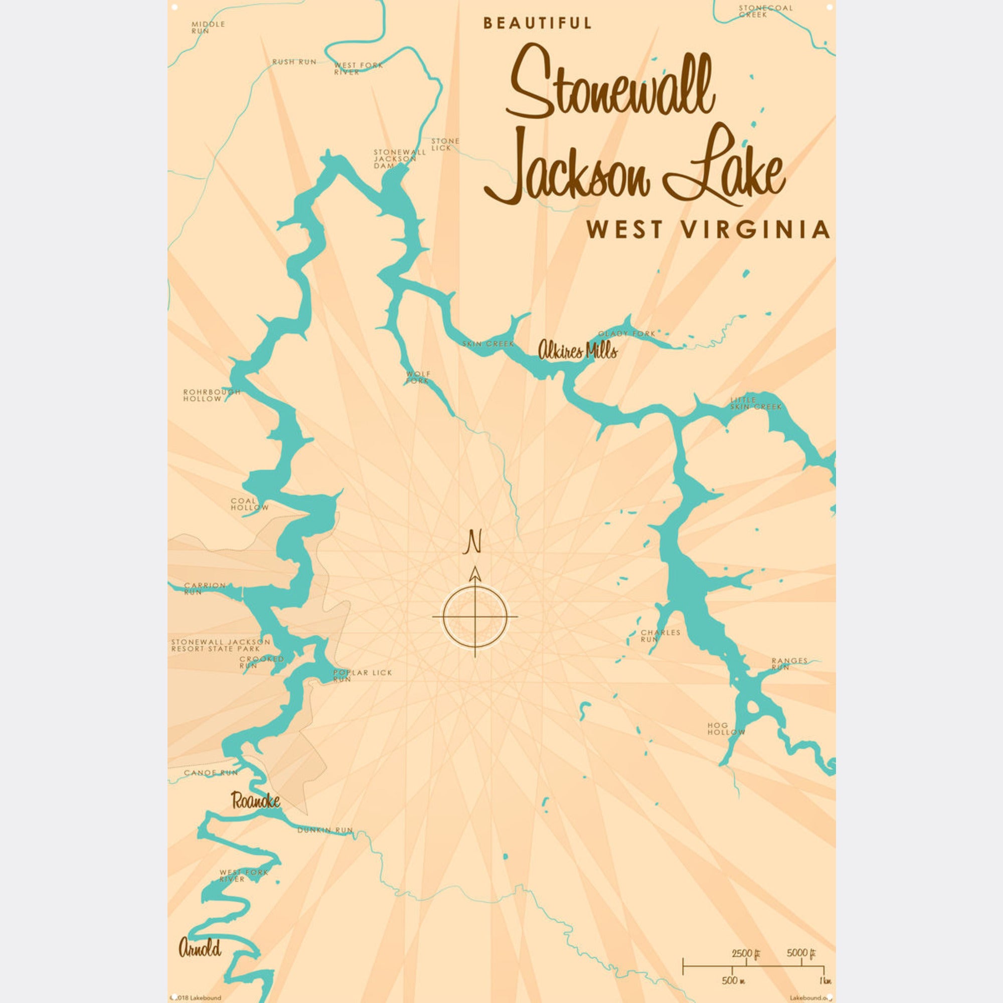 Stonewall Jackson Lake West Virginia, Metal Sign Map Art