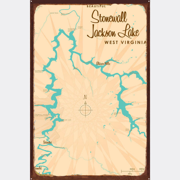 Stonewall Jackson Lake West Virginia, Rustic Metal Sign Map Art