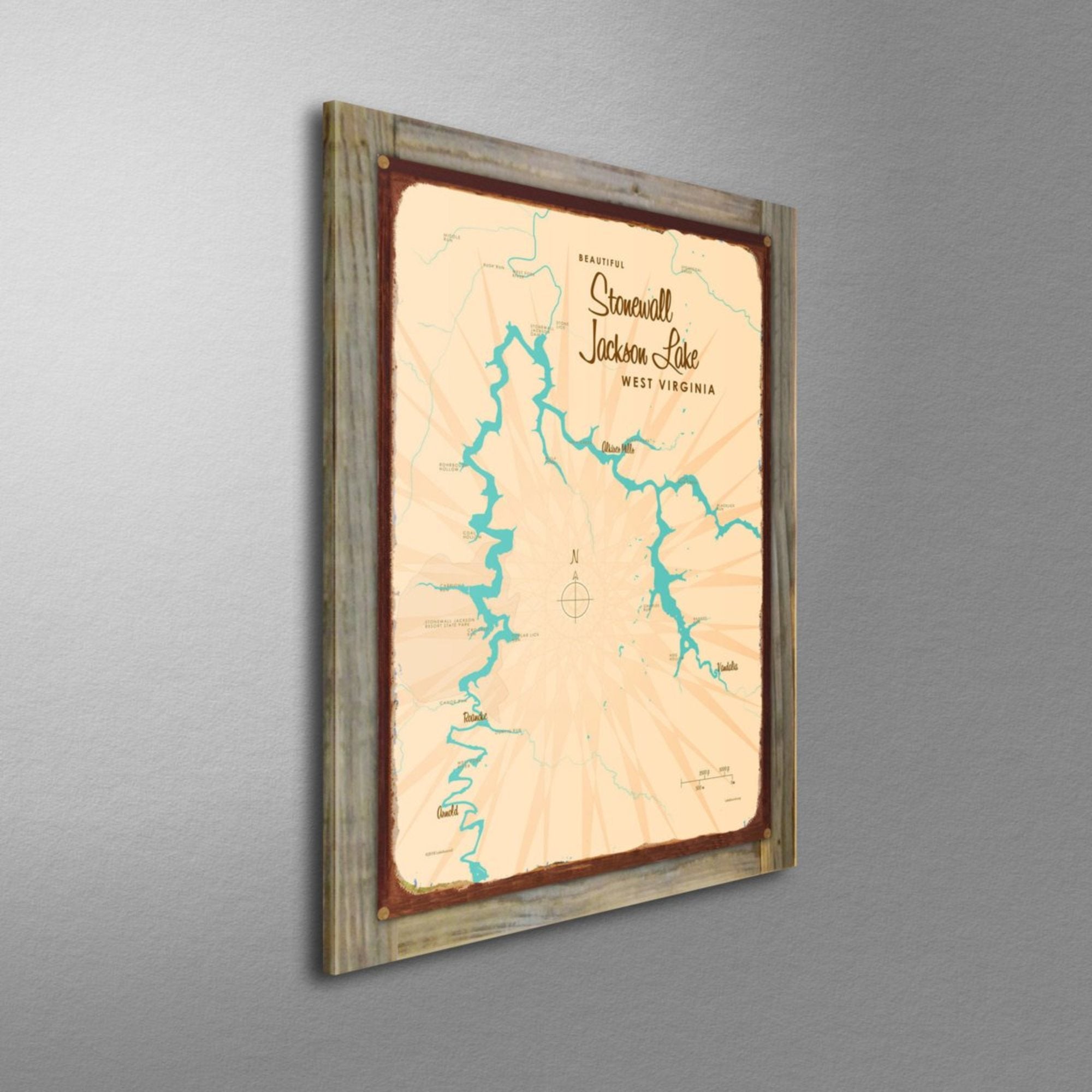 Stonewall Jackson Lake West Virginia, Wood-Mounted Rustic Metal Sign Map Art