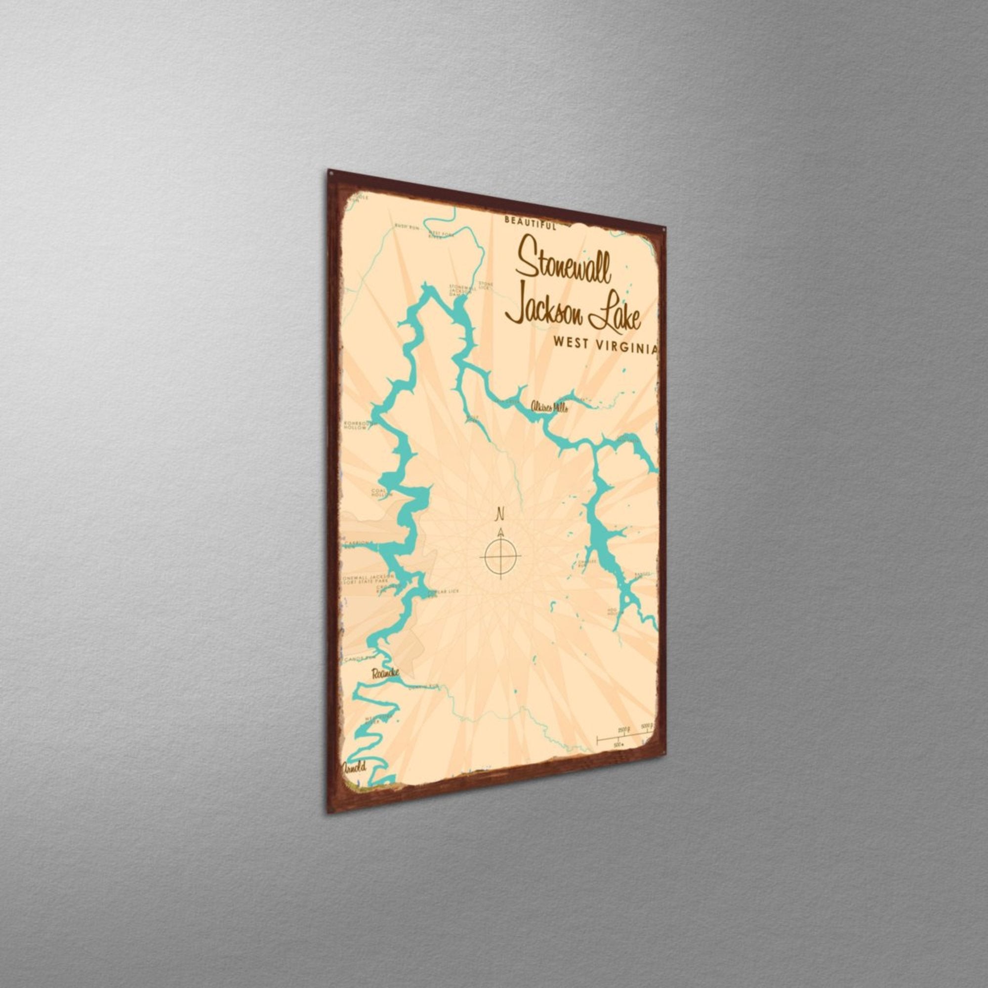 Stonewall Jackson Lake West Virginia, Rustic Metal Sign Map Art