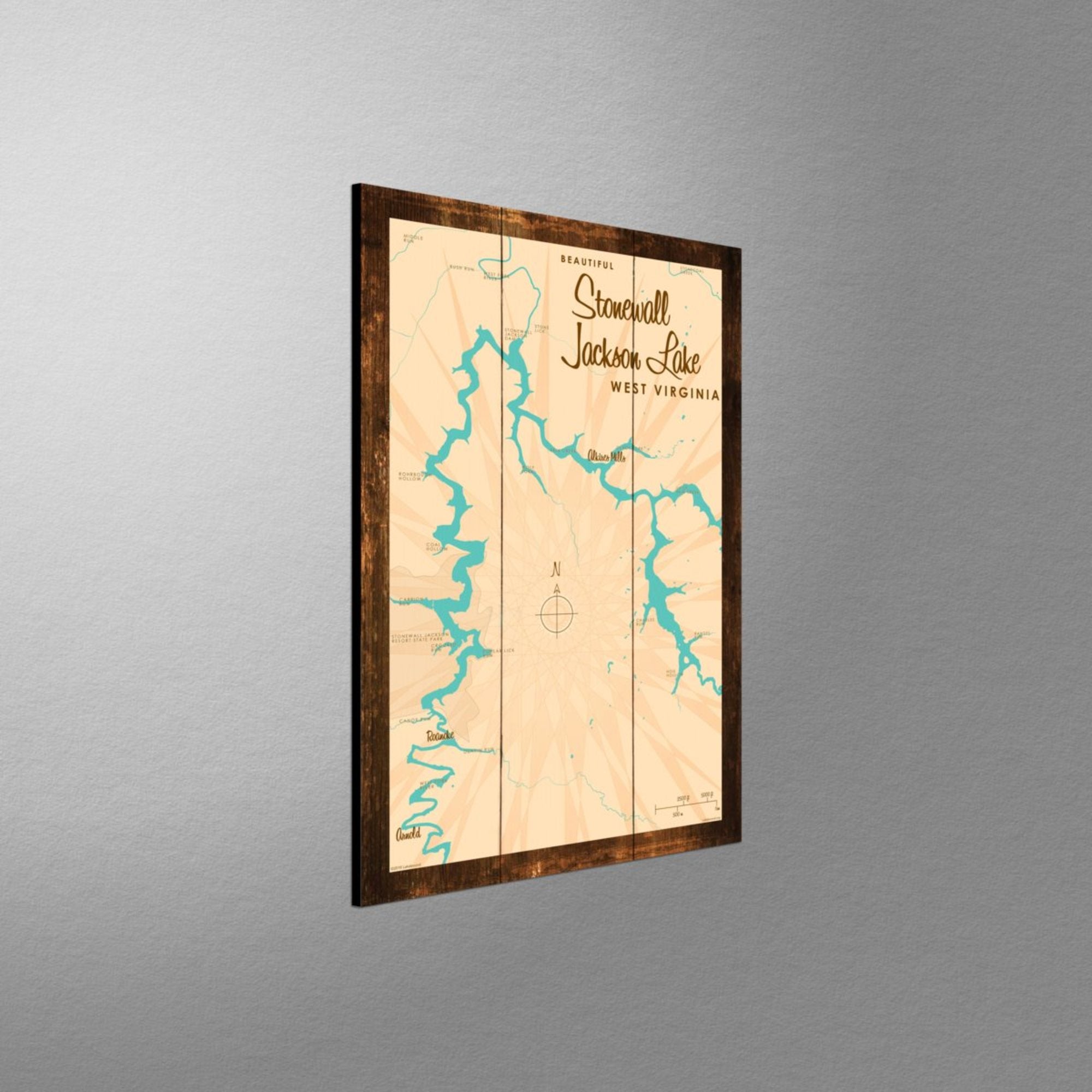 Stonewall Jackson Lake West Virginia, Rustic Wood Sign Map Art