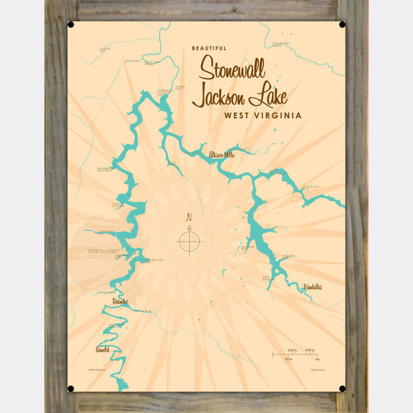 Stonewall Jackson Lake West Virginia, Wood-Mounted Metal Sign Map Art