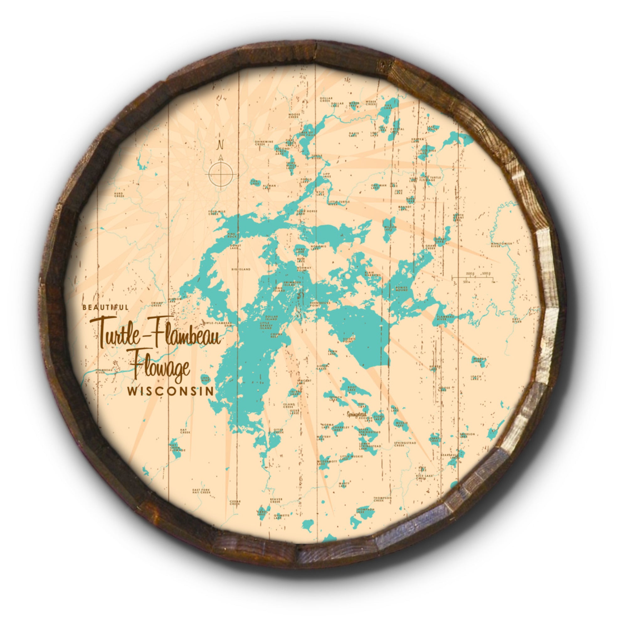 Turtle-Flambeau Flowage Wisconsin, Rustic Barrel End Map Art