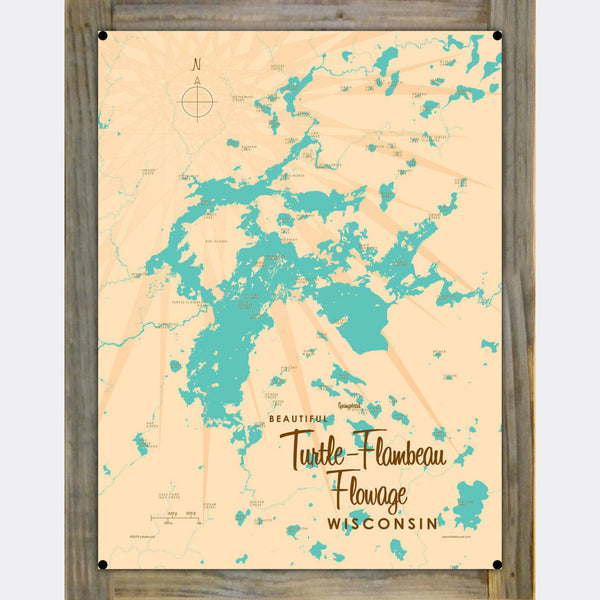 Turtle-Flambeau Flowage Wisconsin, Wood-Mounted Metal Sign Map Art