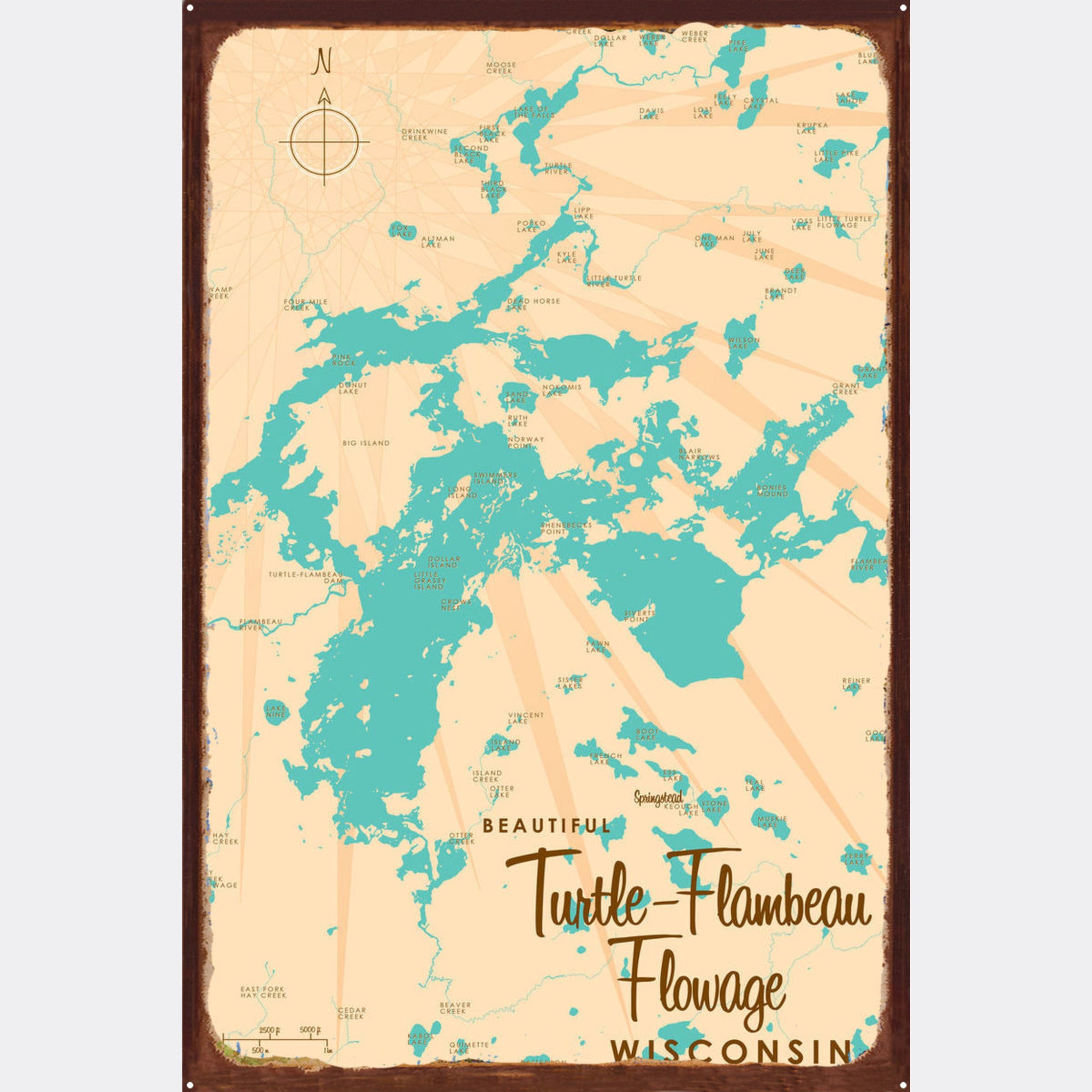 Turtle-Flambeau Flowage Wisconsin, Rustic Metal Sign Map Art