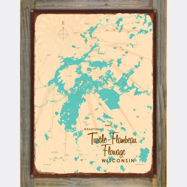 Turtle-Flambeau Flowage Wisconsin, Wood-Mounted Rustic Metal Sign Map Art