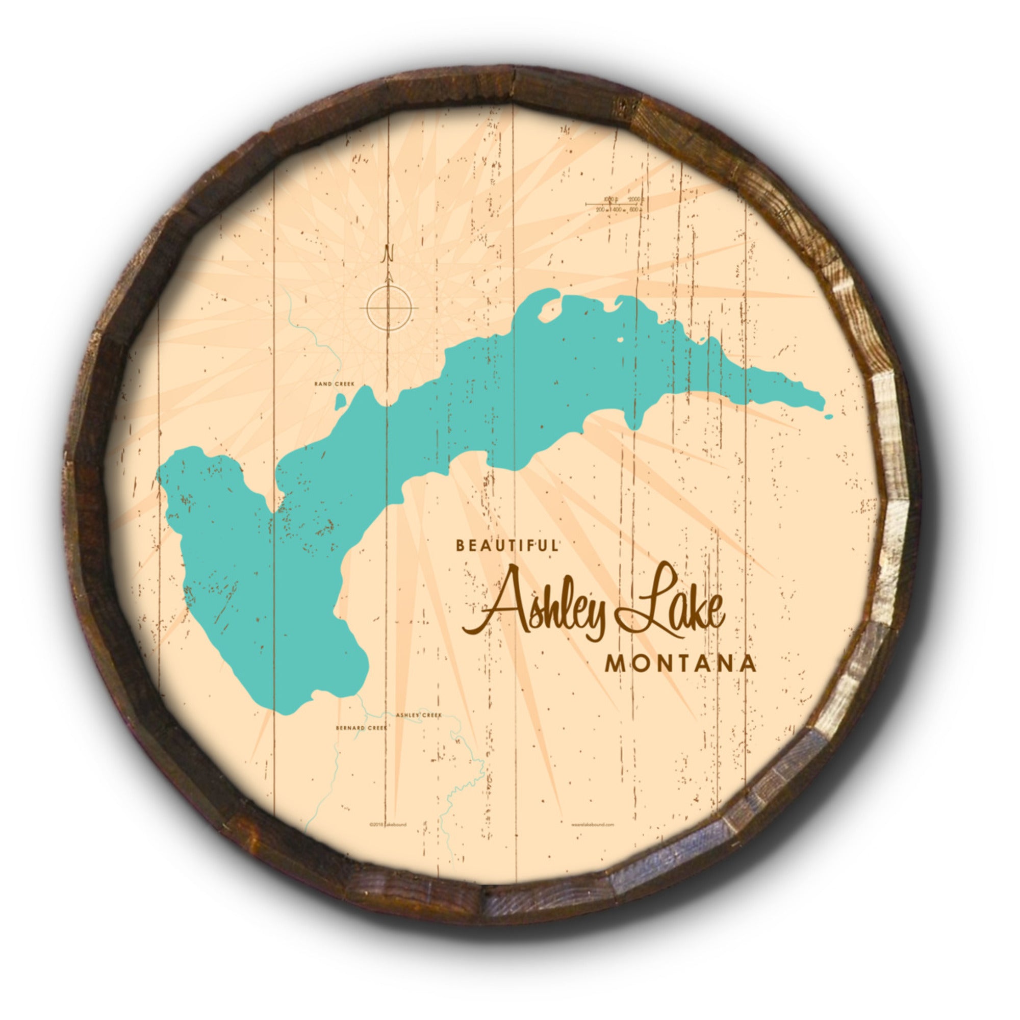 Ashley Lake Montana, Rustic Barrel End Map Art