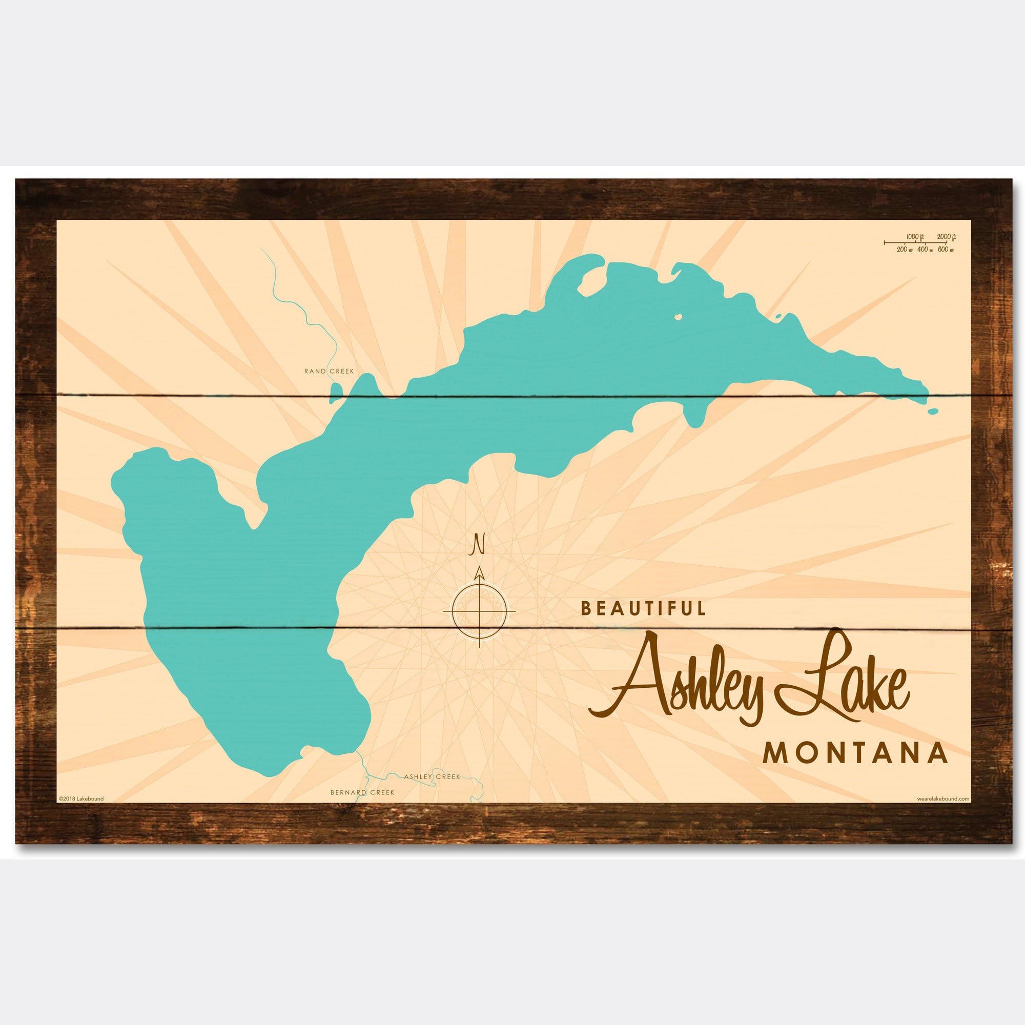 Ashley Lake Montana, Rustic Wood Sign Map Art