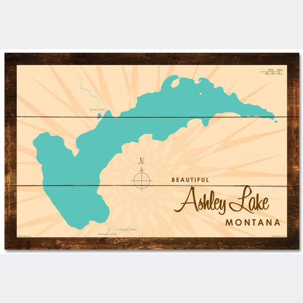 Ashley Lake Montana, Rustic Wood Sign Map Art