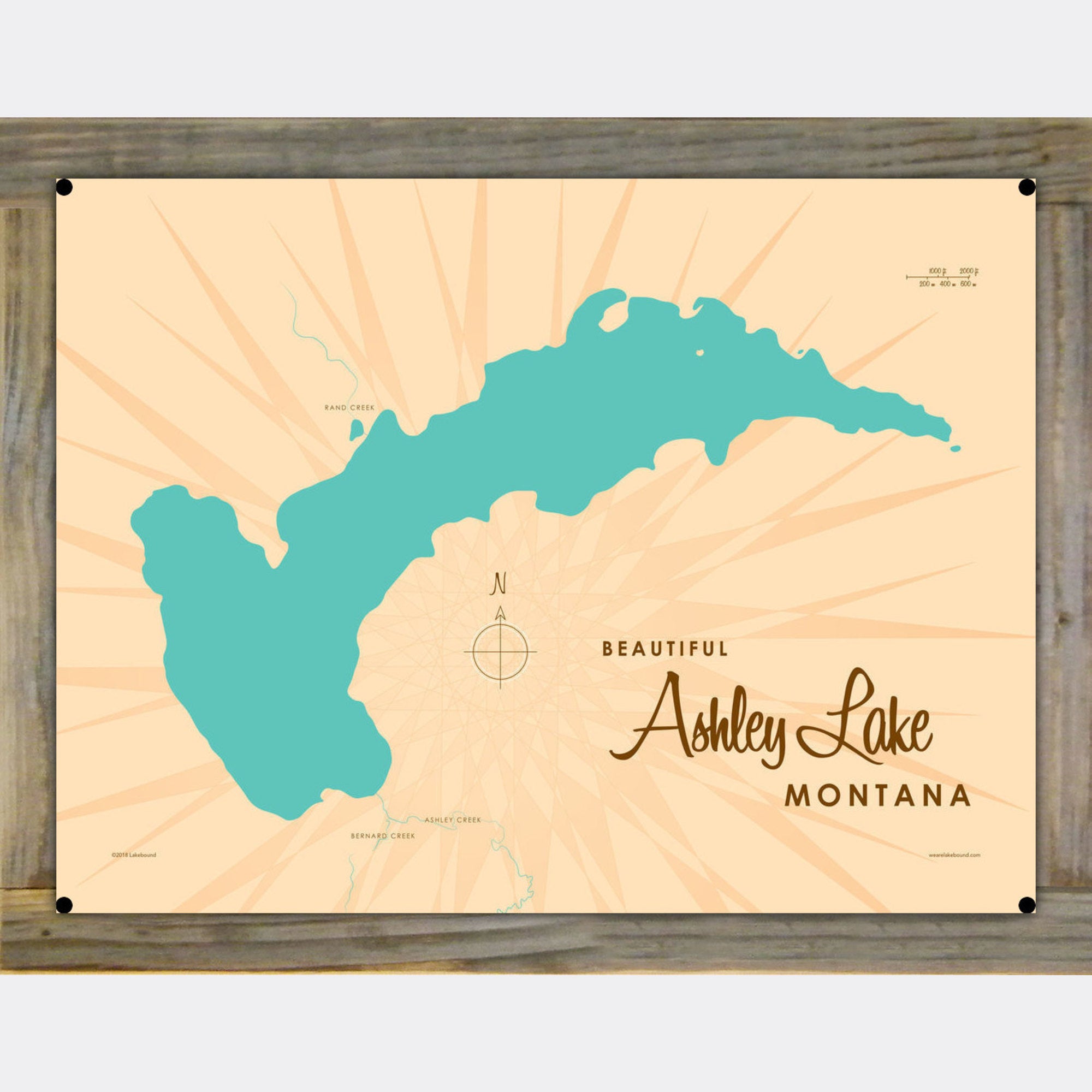 Ashley Lake Montana, Wood-Mounted Metal Sign Map Art