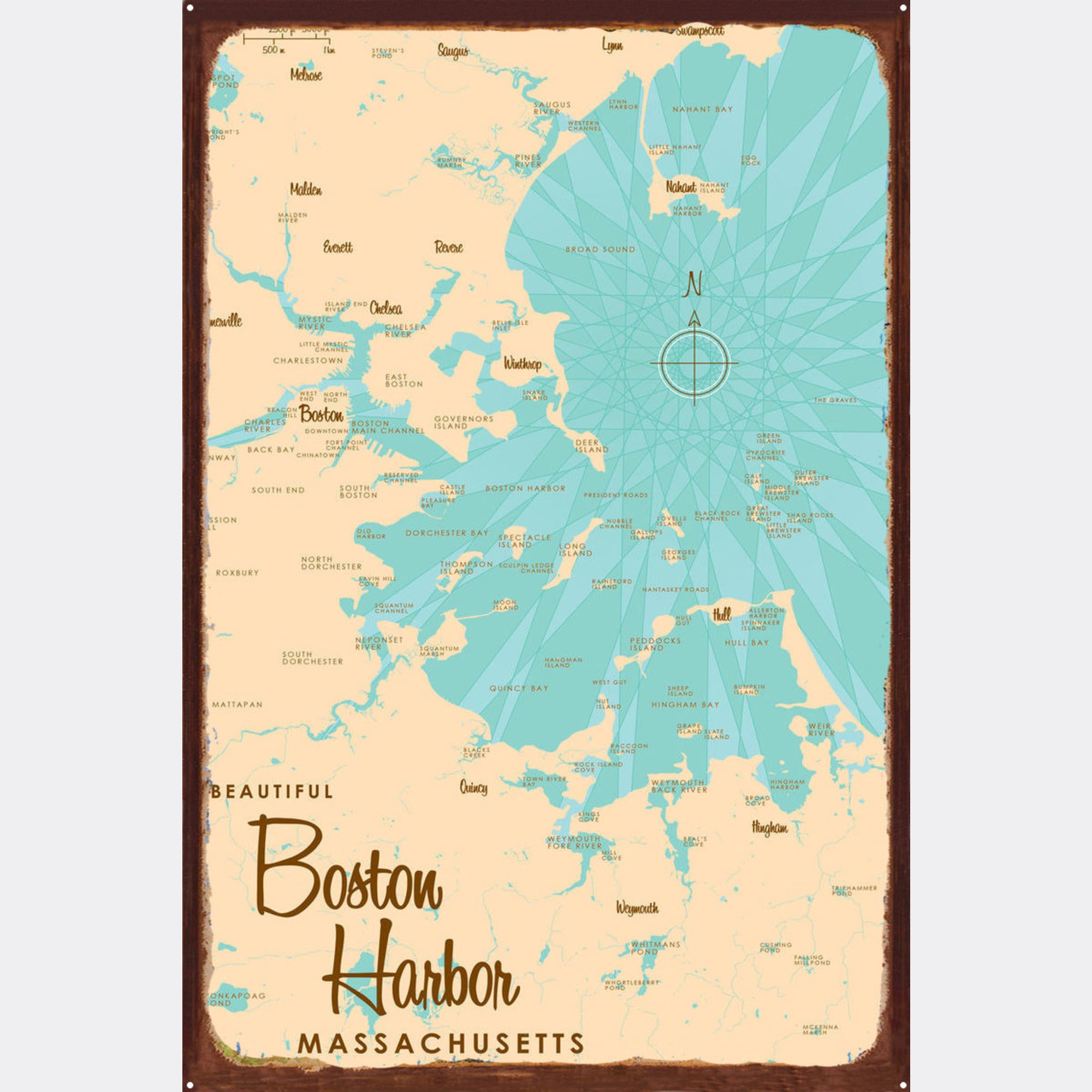 Boston Harbor Massachusetts, Rustic Metal Sign Map Art