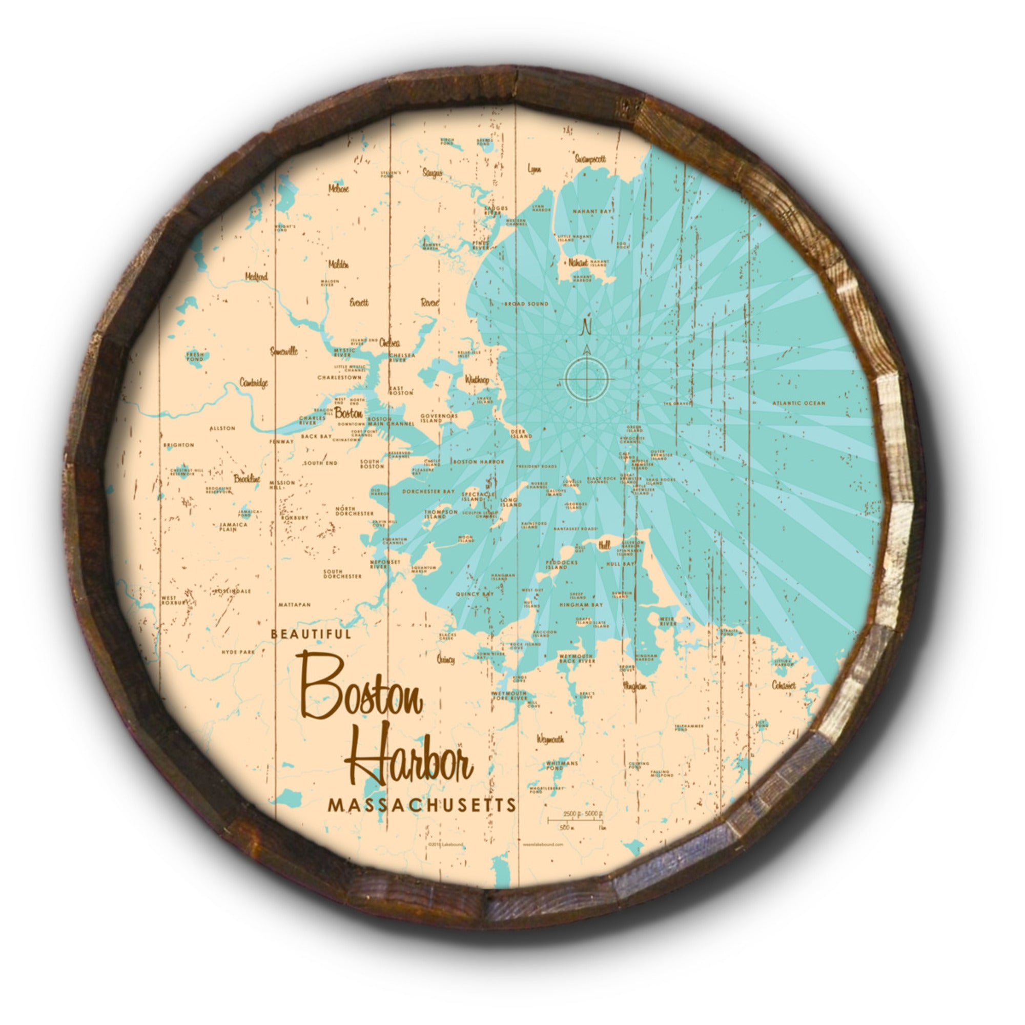 Boston Harbor Massachusetts, Rustic Barrel End Map Art