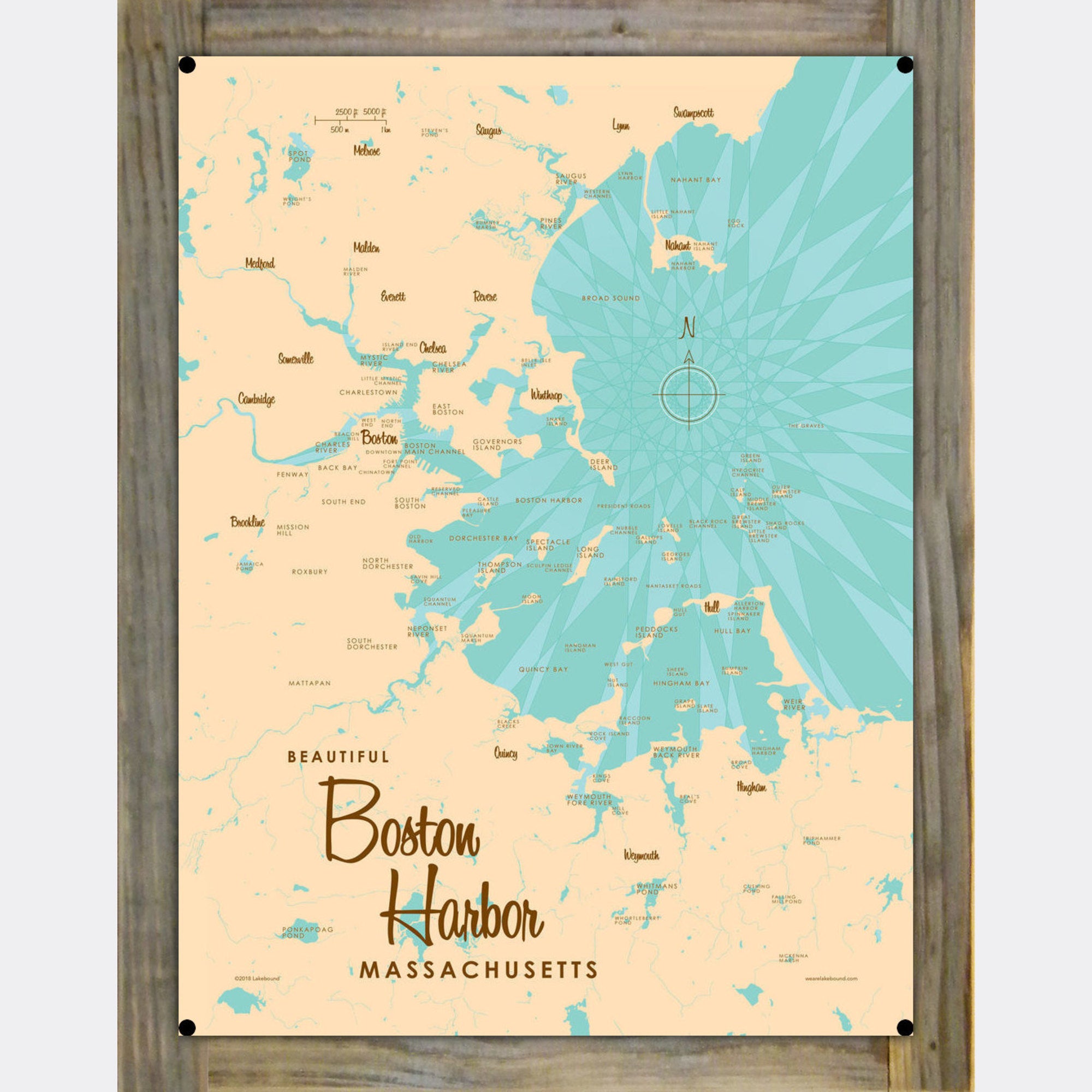 Boston Harbor Massachusetts, Wood-Mounted Metal Sign Map Art