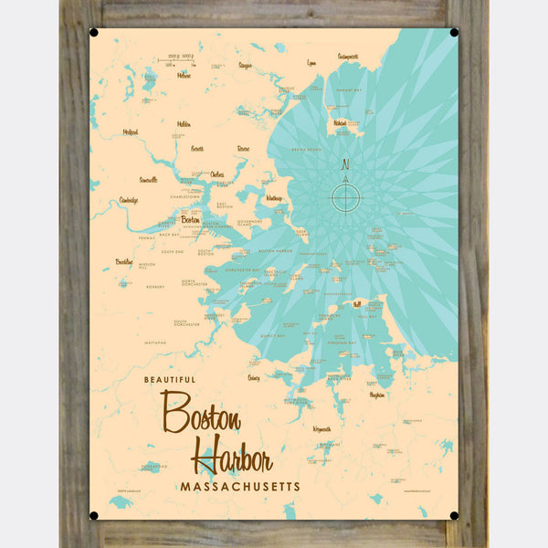 Boston Harbor Massachusetts, Wood-Mounted Metal Sign Map Art