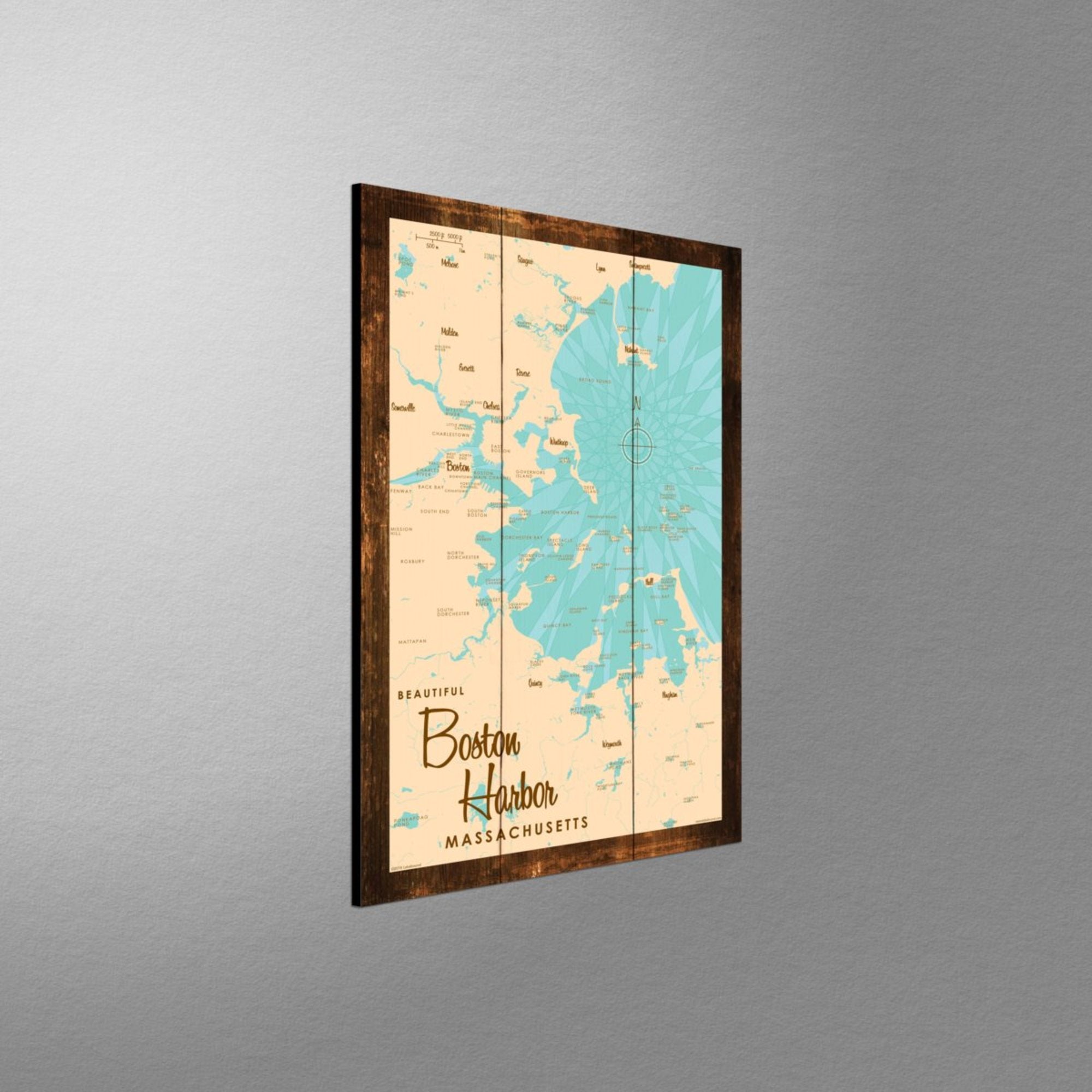 Boston Harbor Massachusetts, Rustic Wood Sign Map Art