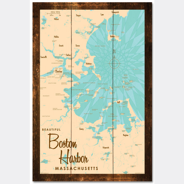 Boston Harbor Massachusetts, Rustic Wood Sign Map Art