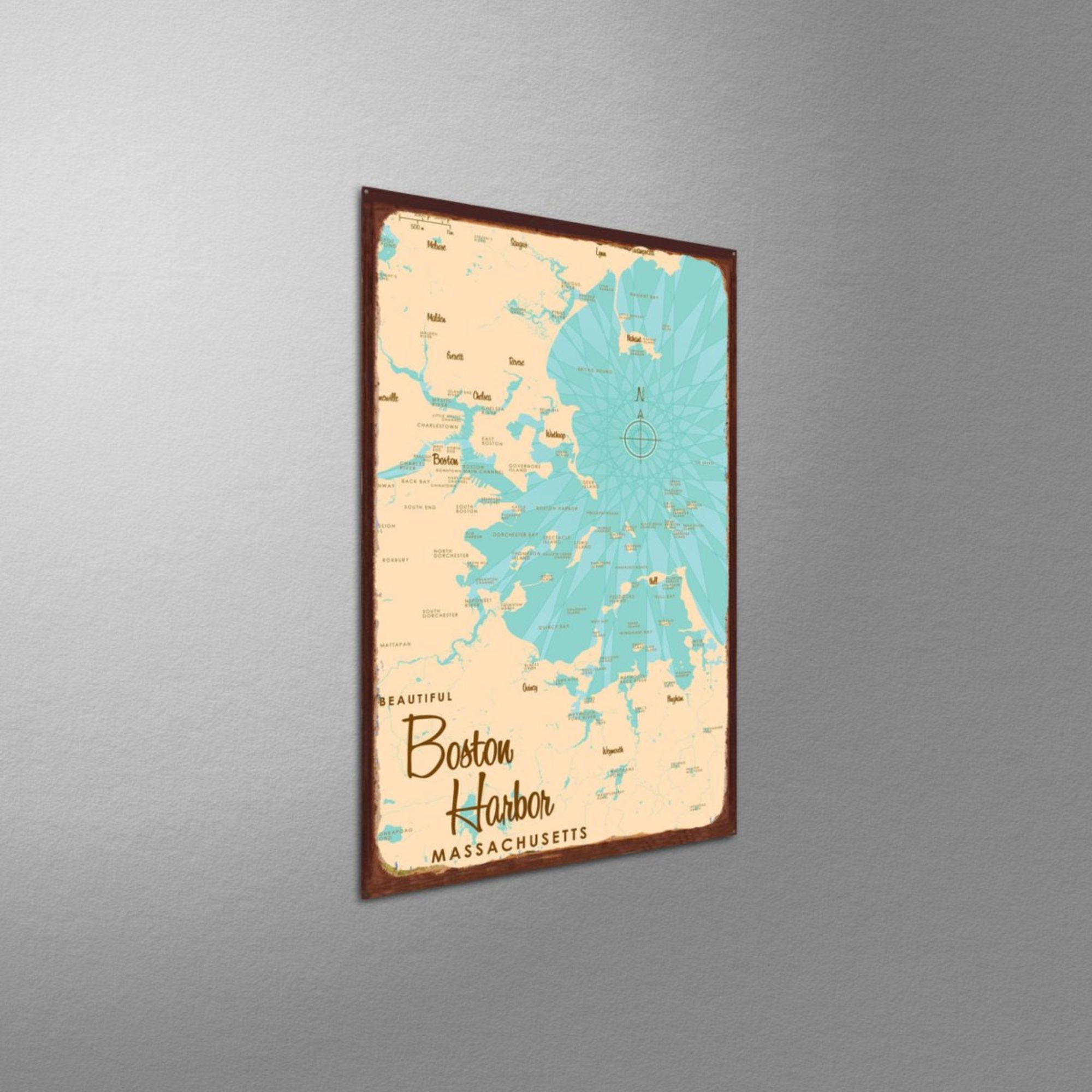 Boston Harbor Massachusetts, Rustic Metal Sign Map Art