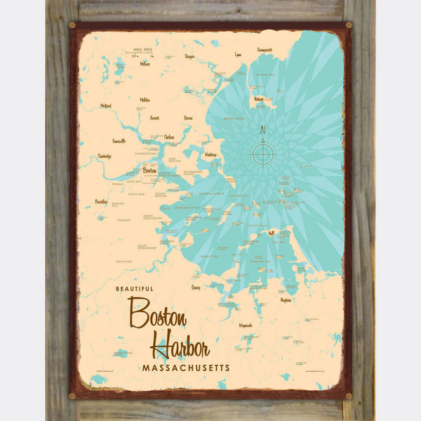 Boston Harbor Massachusetts, Wood-Mounted Rustic Metal Sign Map Art