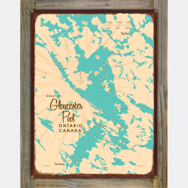 Gloucester Pool Ontario Canada, Wood-Mounted Rustic Metal Sign Map Art